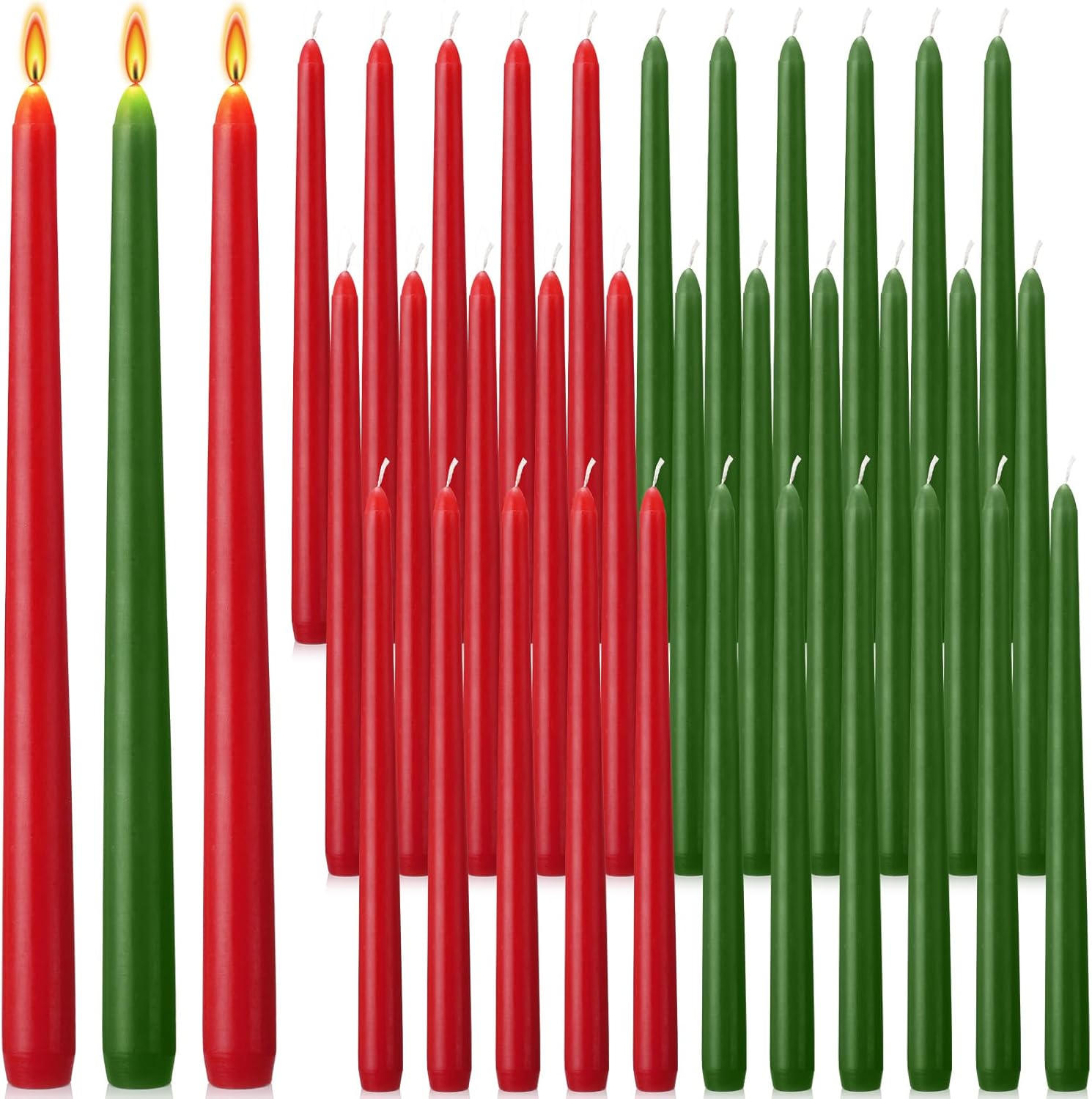 MTLEE 36 Pcs Christmas Taper Candles 10 Inch Unscented Tall Dripless Candlesticks Bulk Red and Green Long Time Clean Burning Candles for Christmas Party Wedding Home Decoration(Warm Colors)
