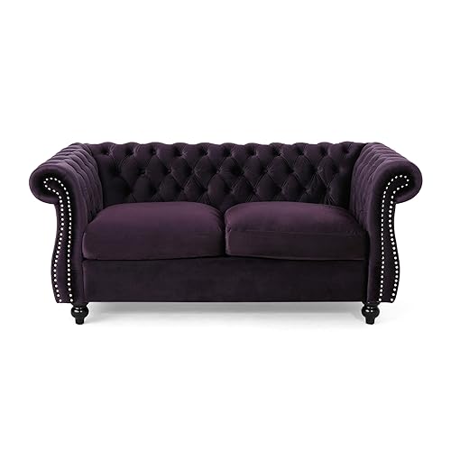 Karen Traditional Chesterfield Loveseat Sofa, BlackBerry and Dark Brown, 61.75