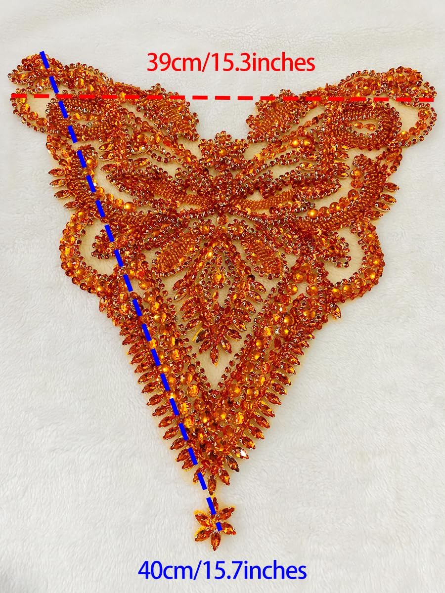 Handmade Rhinestones Bodice lace Applique Hand Sewing Beaded Sequins Trim Patches for Dress Clothes Skirts Accessories 15.3X15.7inches (Orange)