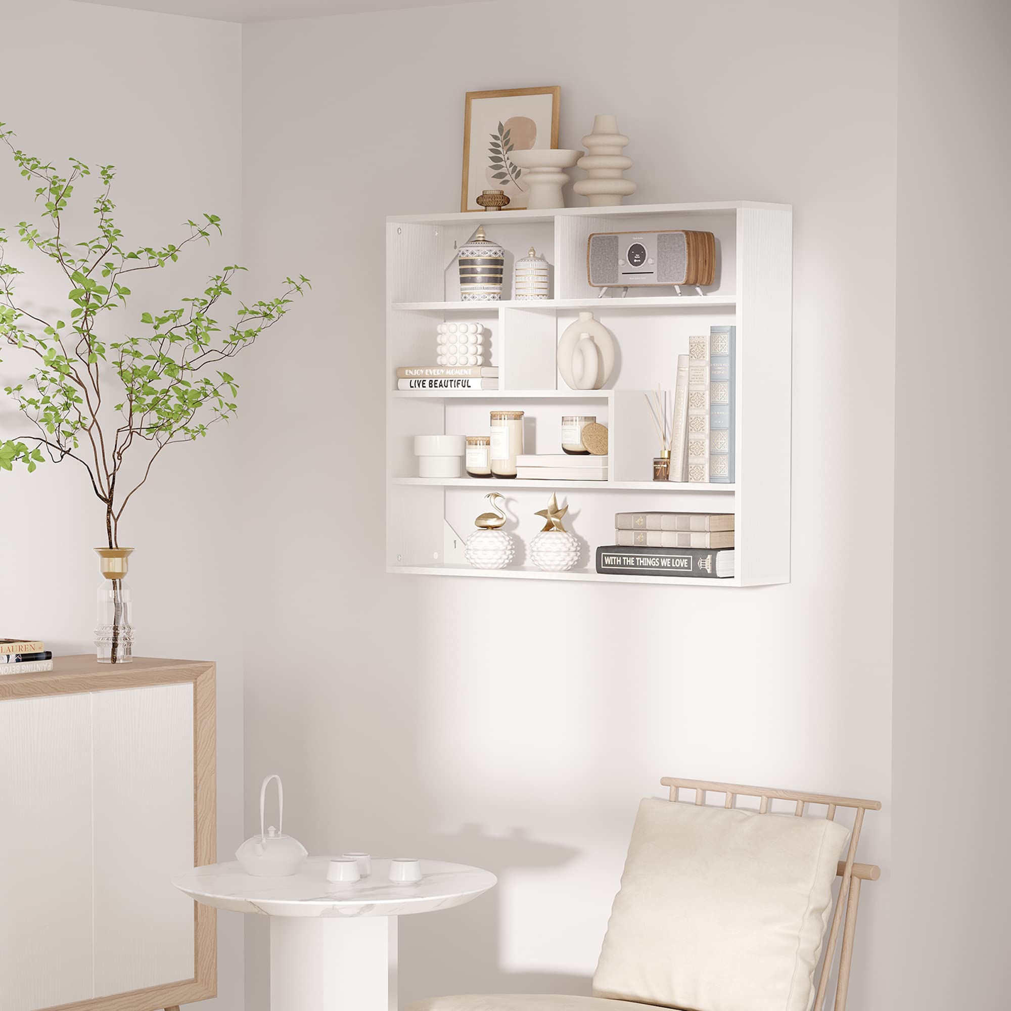 HOMCOM Estantería de Pared 4 Niveles Balda Flotante 94x19,5x80 cm Blanco | 7 Compartimientos Abiertos, para Salón Dormitorio Oficina, Estilo Moderno