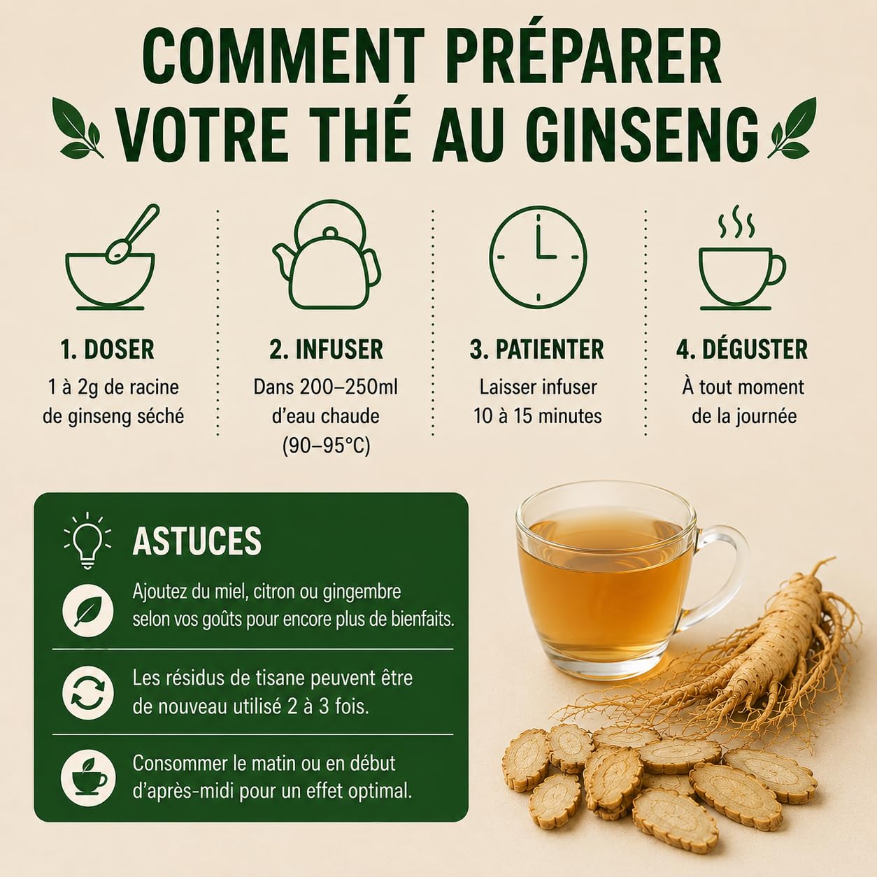 Ginseng racine entière | Détox Tisane: Énergie, Vitalité, Focus, Gestion Stress, Renforce le système immunitaire | Plante traditionnelle thérapeutique asiatique millénaire | 100g