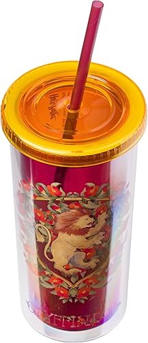 Miniatura 3 de Silver Buffalo Harry Potter Gryffindor Floral Crest - Taza fría de plástico con tapa y pajilla, 20 onzas
