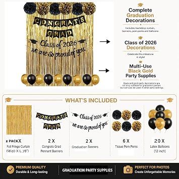 Graduation Decorations 2026 Complete Set- Class of 2026 Congrats Grad Proud of You Banners Sign Garland with Black Gold Party Supplies- Balloons, PomPoms, Foil Tinsel Backdrop Decor for School College