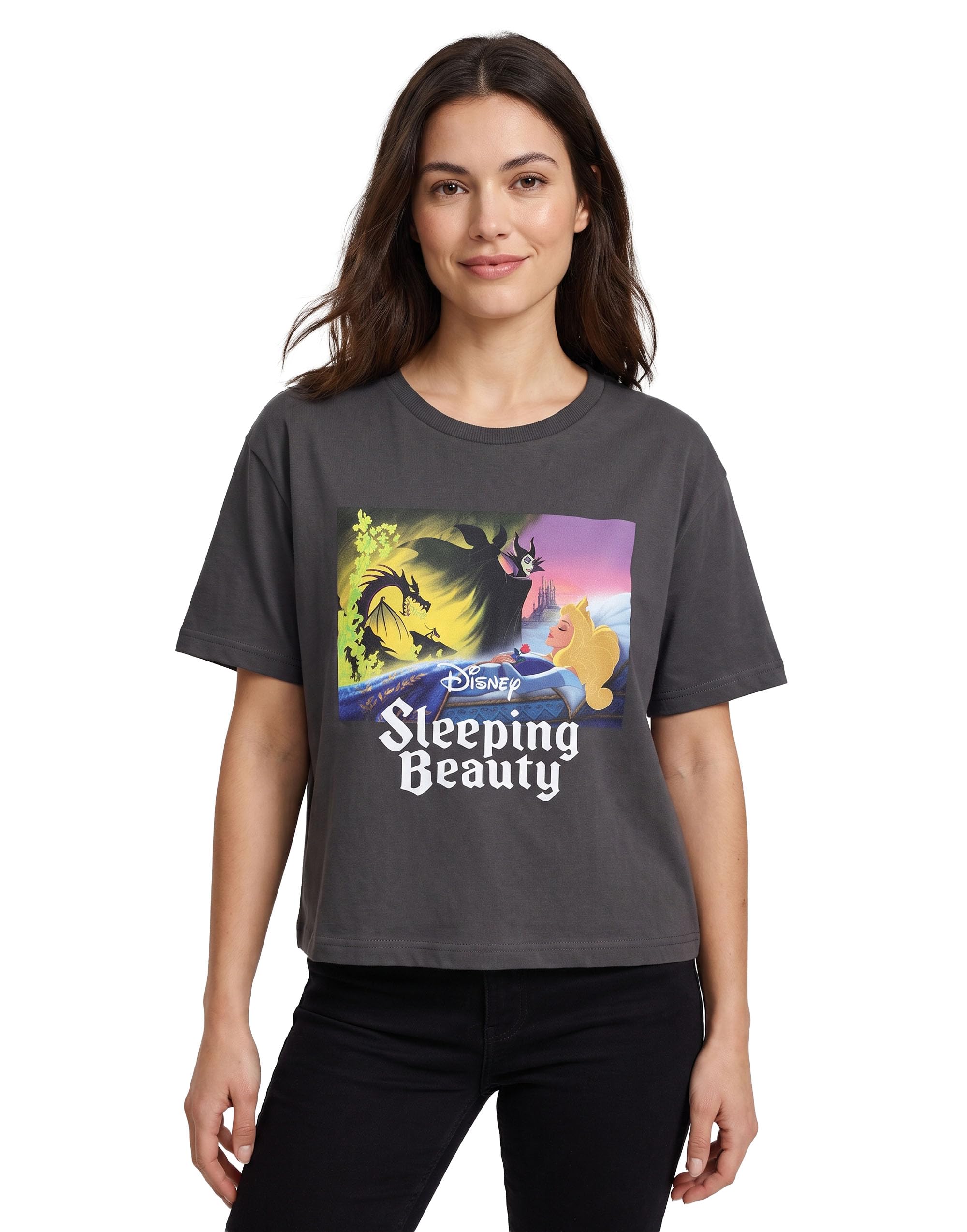Disney Princess Aurora Womens Grey Cropped Graphic Tee | Short Sleeve T-Shirt for Her | Fairytale Character Apparel | Sleeping Beauty Theme Top | Casual Fashion for Ladies