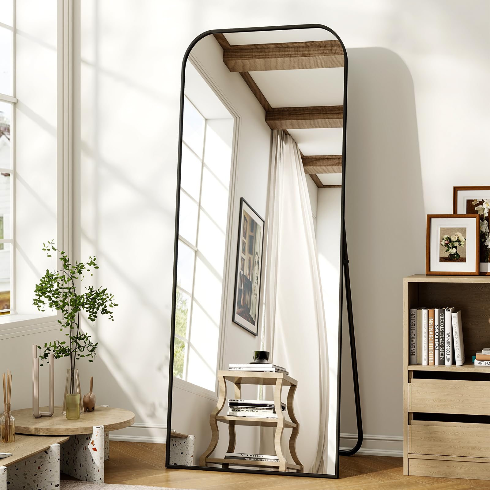 BEAUTYPEAK Full Length Mirror 56"x21" Inch, Floor Length Mirror with Stand, Domed Top Square-Edged Floor Mirror with Aluminum Alloy Frame for Bedroom Living Room, Black