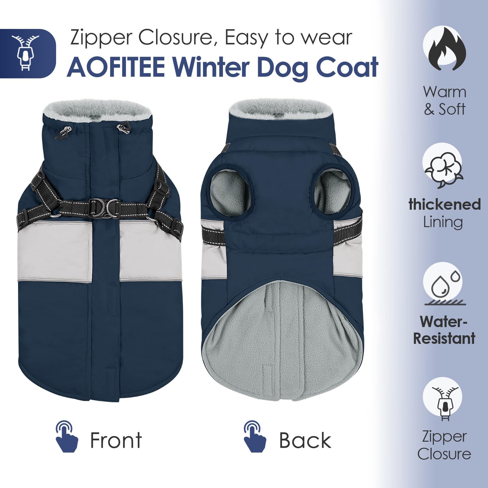 AOFITEE Dog Winter Coat, Dog Coat with Harness Built in - Image 3