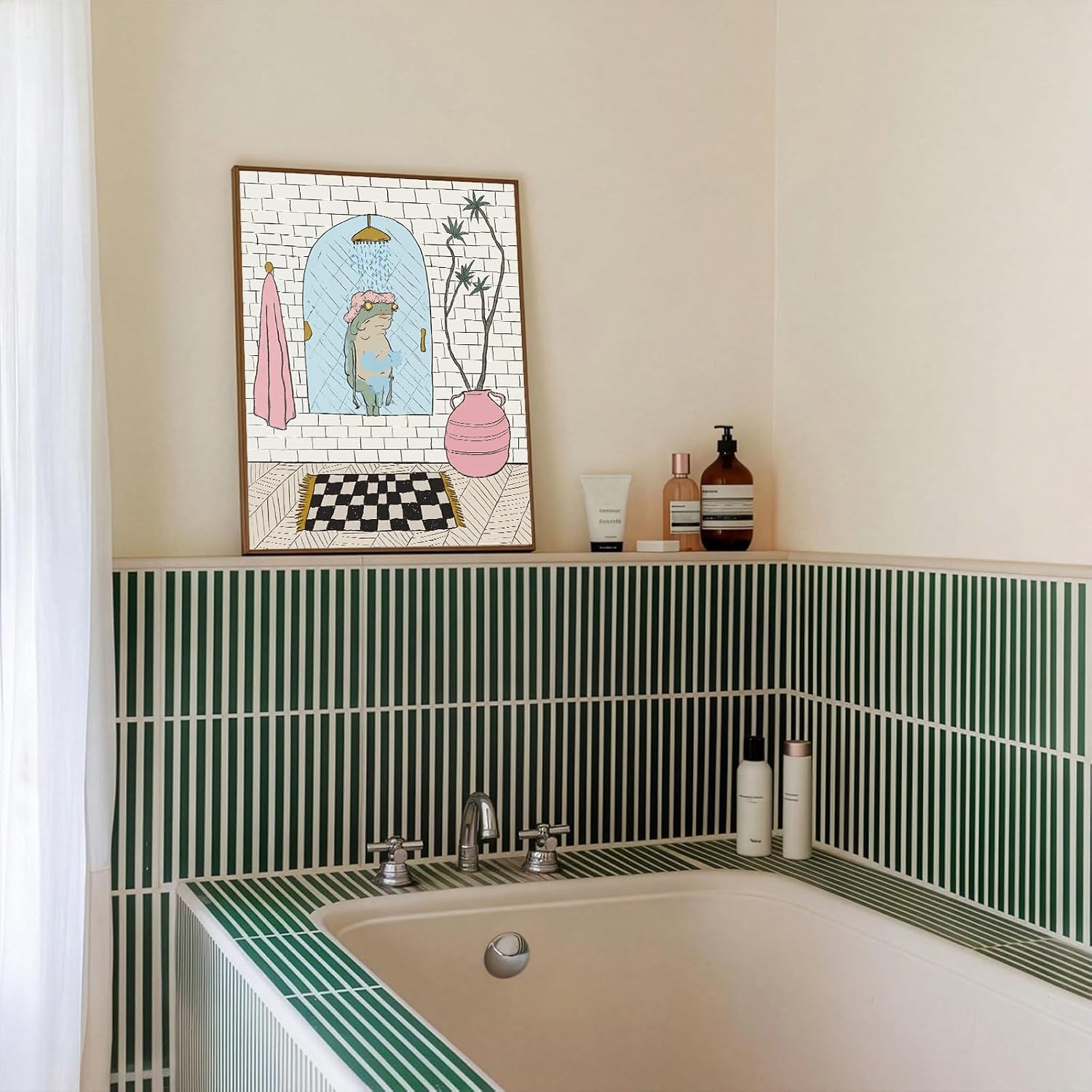 Funny Frog Bathroom Canvas Wall Art Frog Taking Shower Canvas Print Humorous Animal Wall Decor Bathroom Animal Canvas Print Painting Minimalist Artwork Decor for Toilet Washroom, 16x24inch Unframed image 2