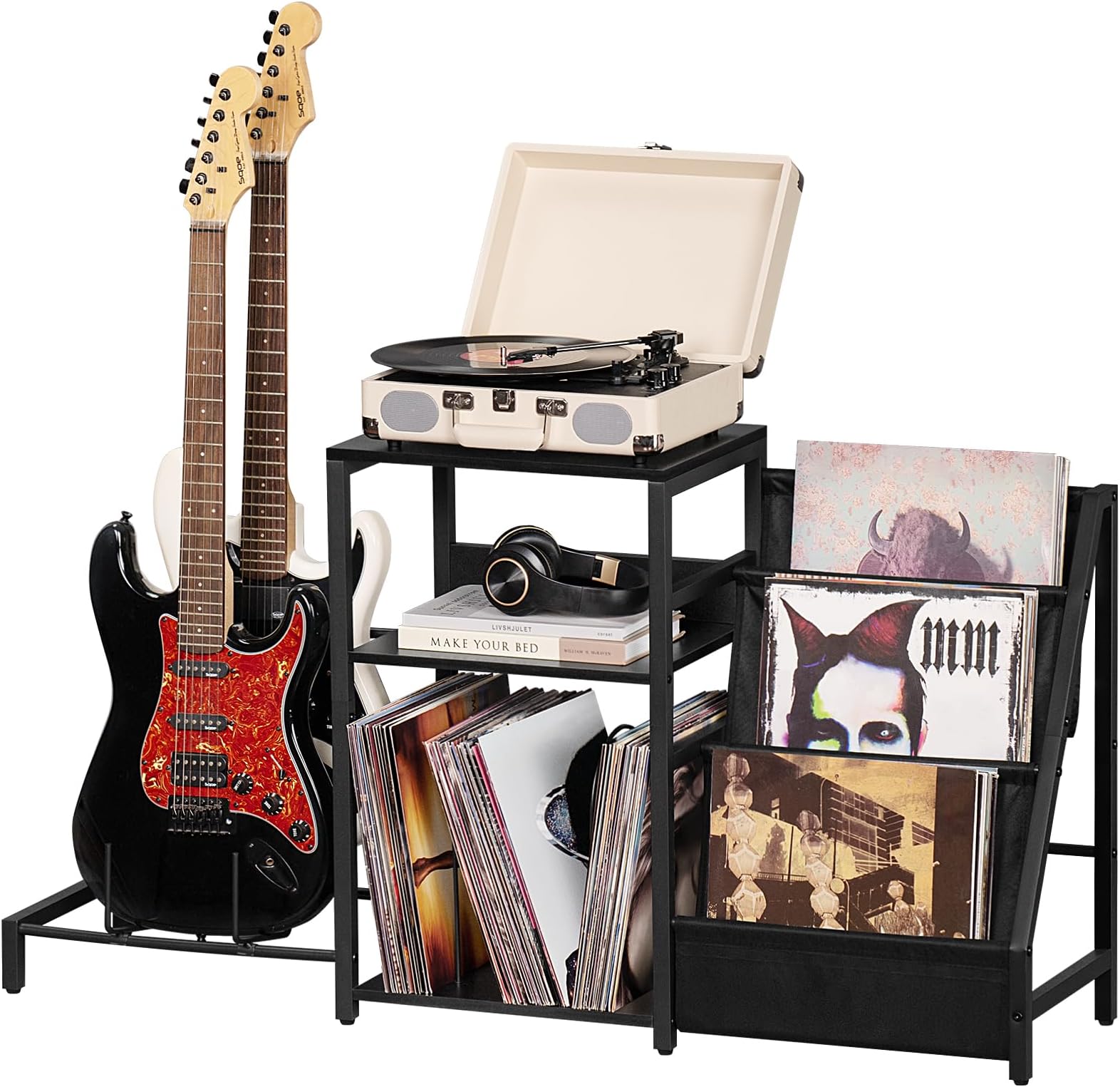LELELINKY Record Player Stand, Black Adjustable Guitar Stand for Acoustic Guitar, Electric Guitar, Bass, Turntable Stand with Vinyl Display Shelf Storage Up to 150 Albums, End Table for Music Room