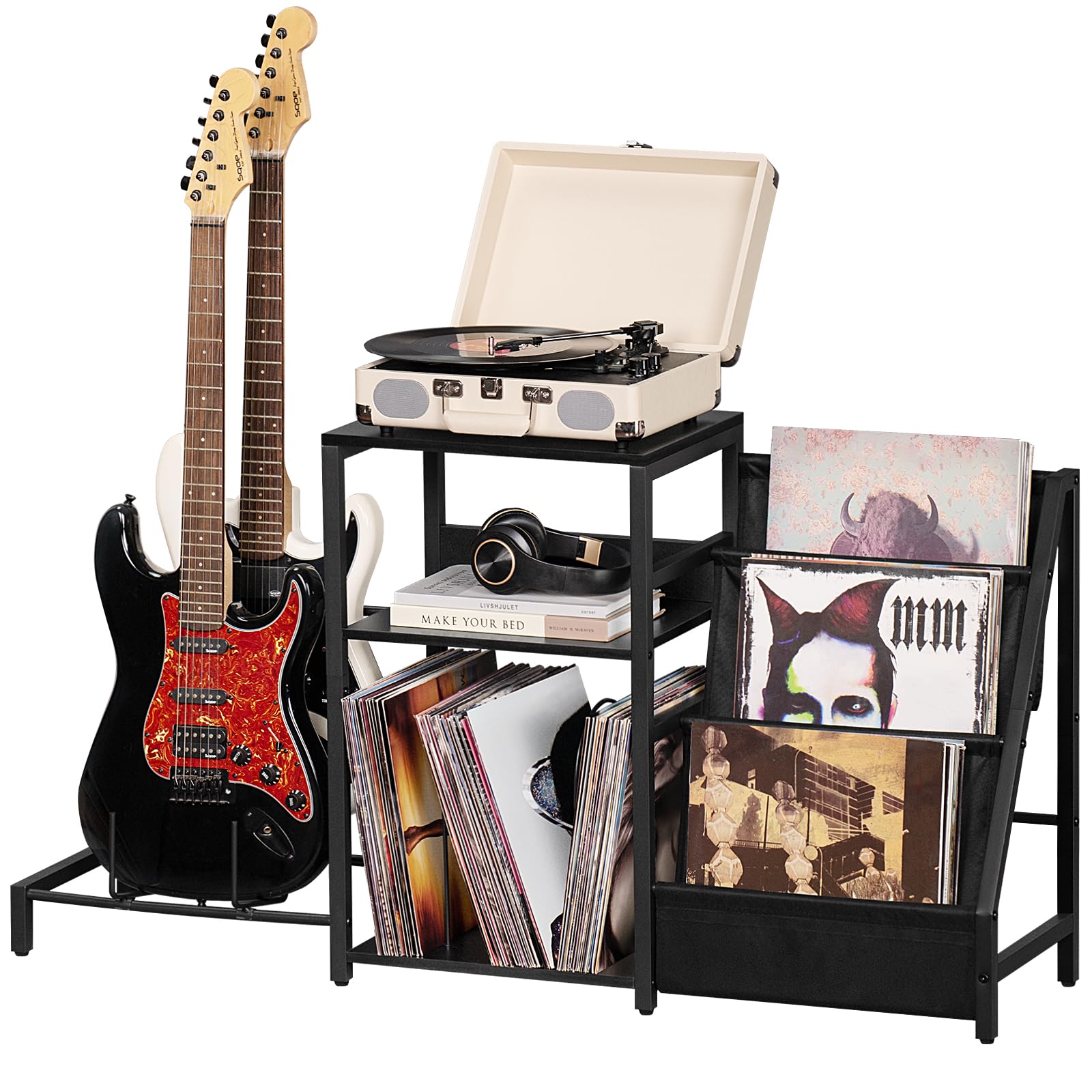LELELINKY Record Player Stand, Black Adjustable Guitar Stand for Acoustic Guitar, Electric Guitar, Bass, Turntable Stand with Vinyl Display Shelf Storage Up to 150 Albums, End Table for Music Room