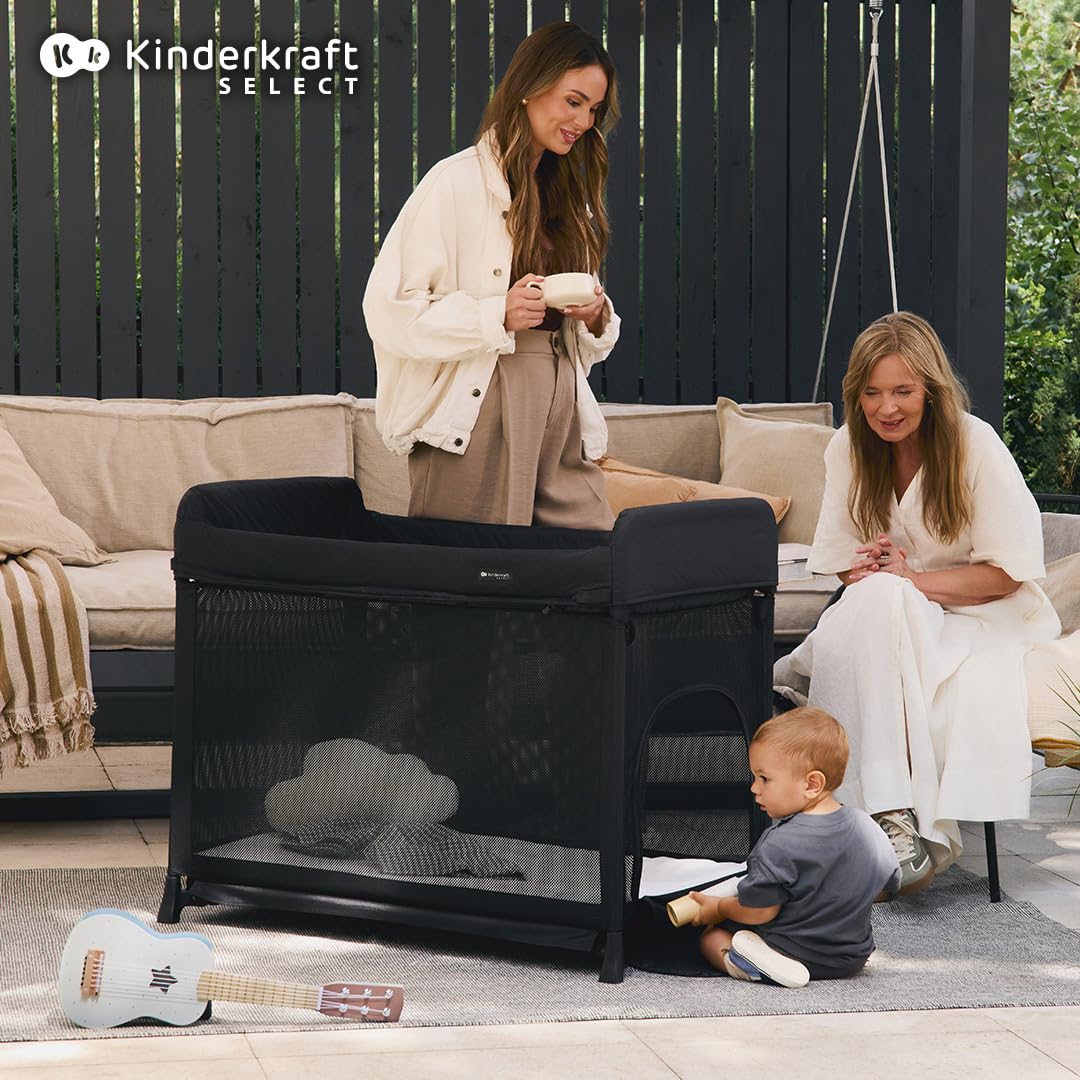 KINDERKRAFT Moon Dream, Lit de Voyage de la Naissance jusqu'à 3 Ans, lit superposé pour bébé, se Plie Rapidement d'une Seule Main, Matelas et Sac de Transport Inclus, Nettoyage Facile, Noir