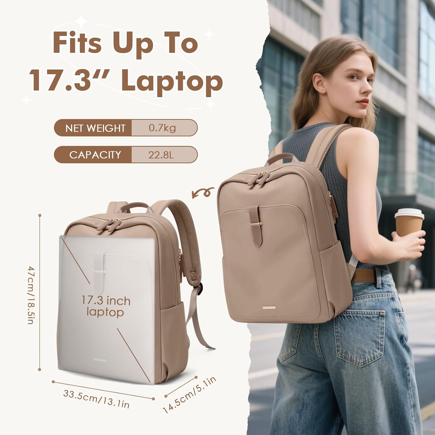 Laptop Backpack for Women,Casual Work Business Backpacks Purse Carry on Travel Backpack,17.3 Inch,Champagne Brown
