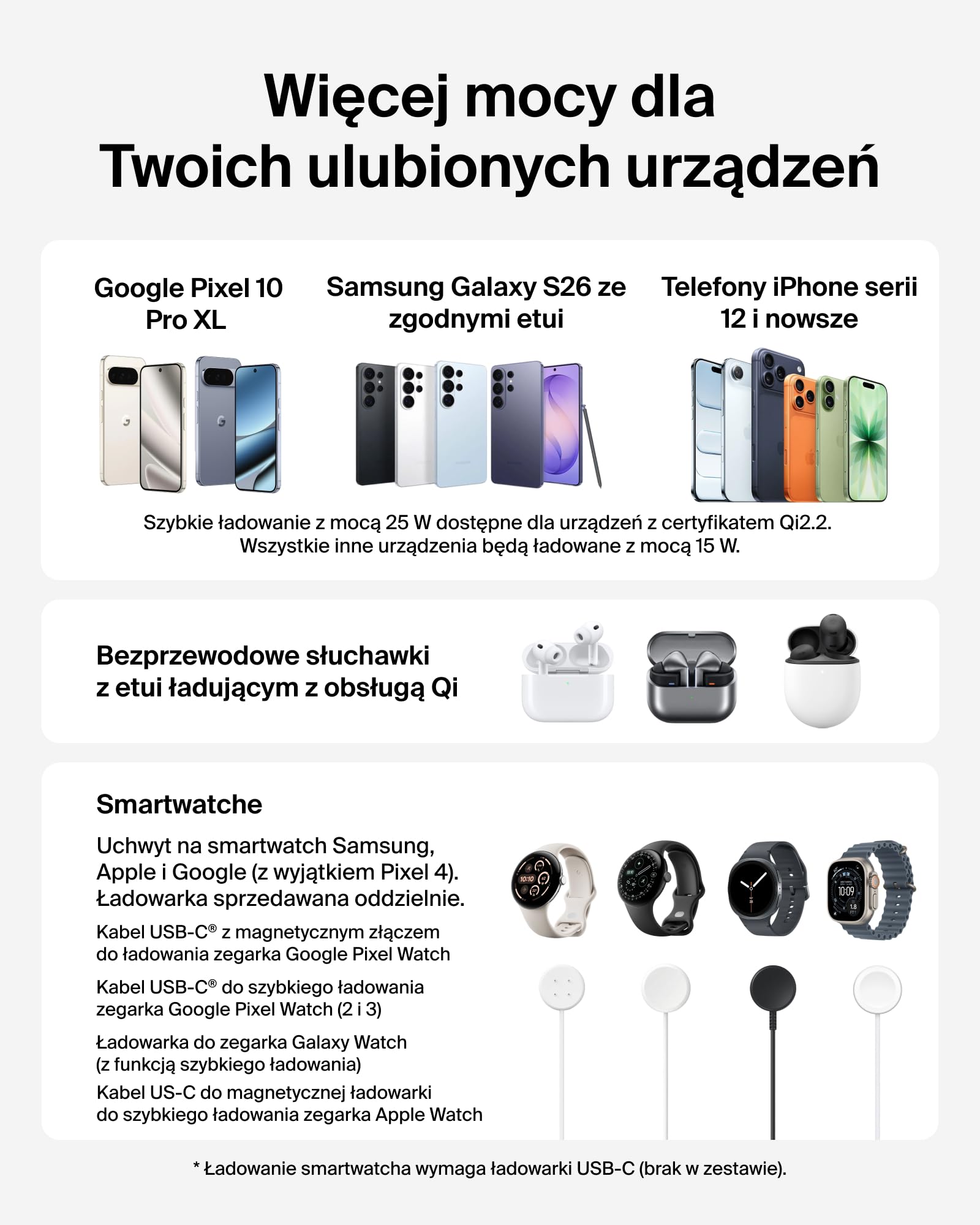 Belkin UltraCharge Bezprzewodowa Stacja Ładująca 3 w 1 z Qi2, 25 W – Biała | Ładowarka Magnetyczna do Urządzeń iPhone, Galaxy, Słuchawek i Smartwatchy, Certyfikat Qi2.2, Port USB-C, z Zasilaczem 45 W