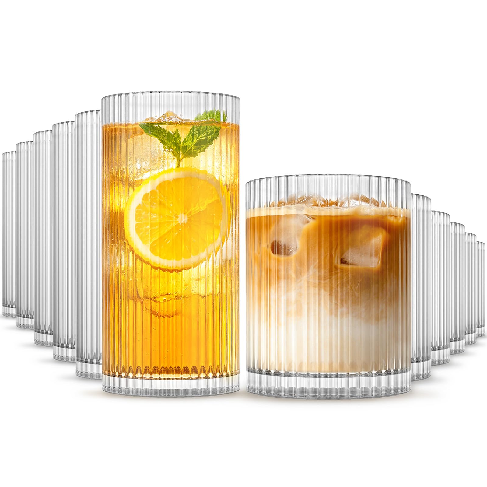 INSETLAN Gerippte Glaswaren, 8 Stück – 4 Highball-Gläser, 340 ml, 4 Rocks-Glasbecher, 400 ml, Vintage-Cocktail-Trinkgläser, ideal für Wein, Saft, Wasser, Eiskaffeetasse, Whiskey, gemischte Trinkgläser
