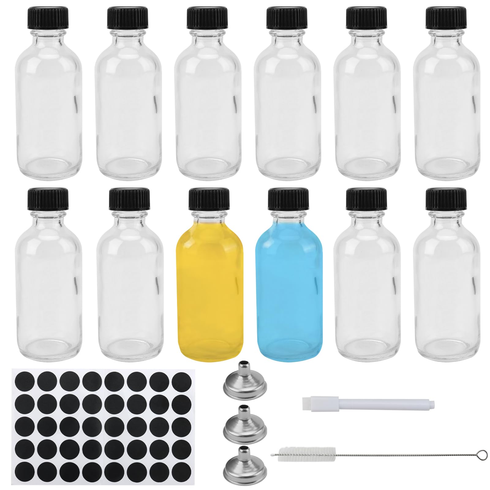 DAKFOOK 12 Pack 60ml Mini Glass Bottles, 2oz Clear Shot Bottles with Lids, Funnels, Stickers and Brush, Small Empty Glass Bottles for Water, Juice, Ginger, Whiskey, and Essential Oil