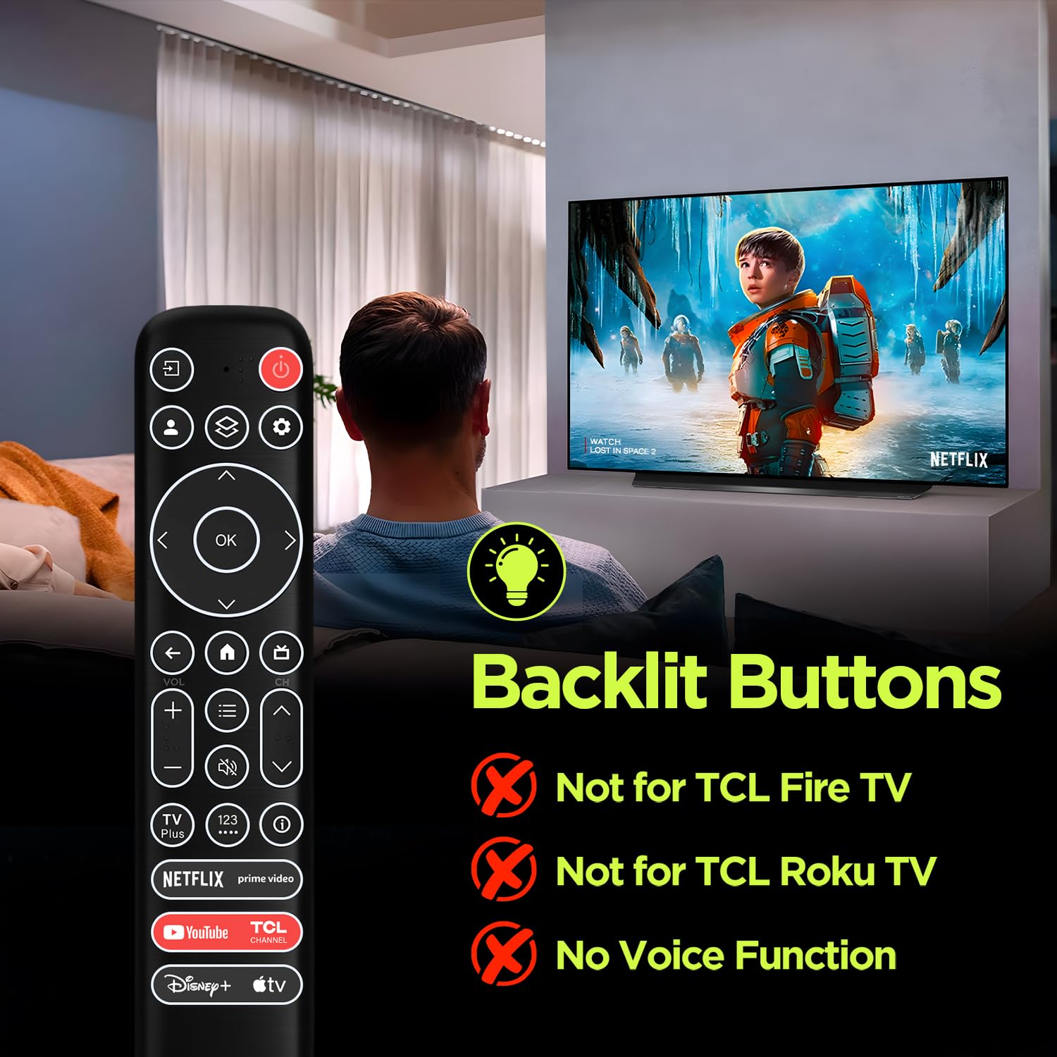 Zamienny podświetlany pilot zdalnego sterowania do TCL Google Smart TV, RC813 kompatybilny z telewizorami TCL QM8/QM7/S5/S4/S3/Q7/Q6/Q5 4K UHD HDR LED QLED QD-MiniLED Full-HD Smart TV (z