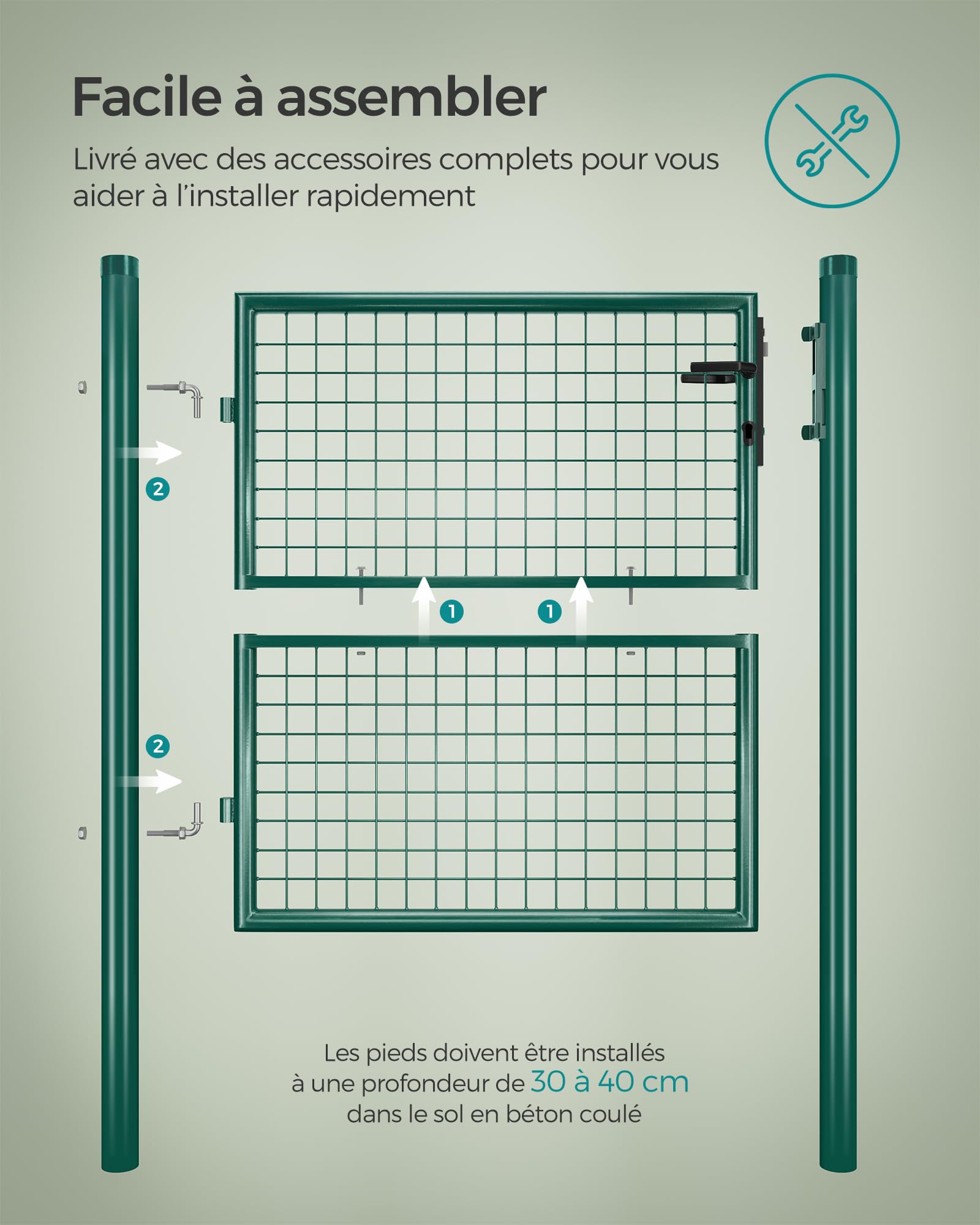SONGMICS Portillon de Jardin Grillagé, en Acier Galvanisé, Clôture avec Serrure,Porte 106 x 100 cm (L x H), Tube Rond, Vert GGD150G01
