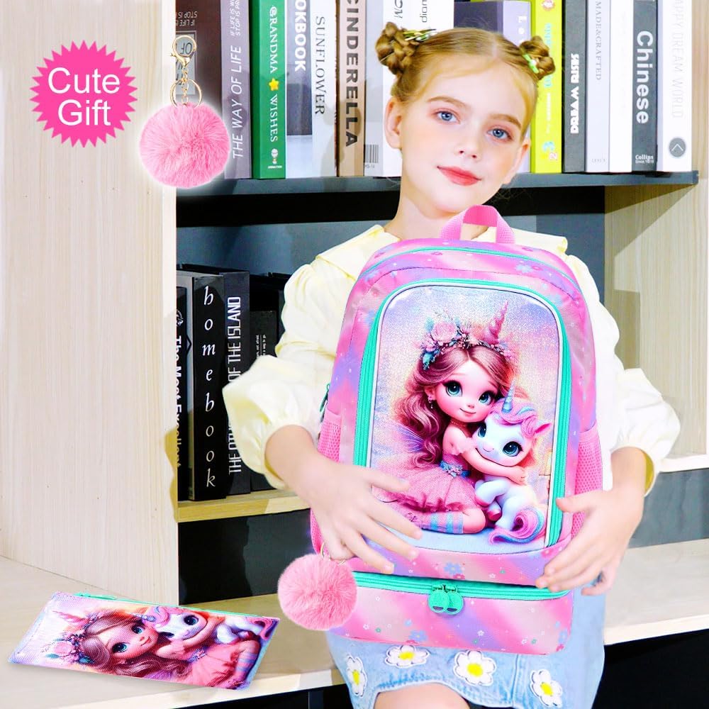 AGSDON 2-in-1 Unicorn Backpack for Girls,17" Elementary Kids Backpack Preschool School Bookbags and Lunch Box - Image 2