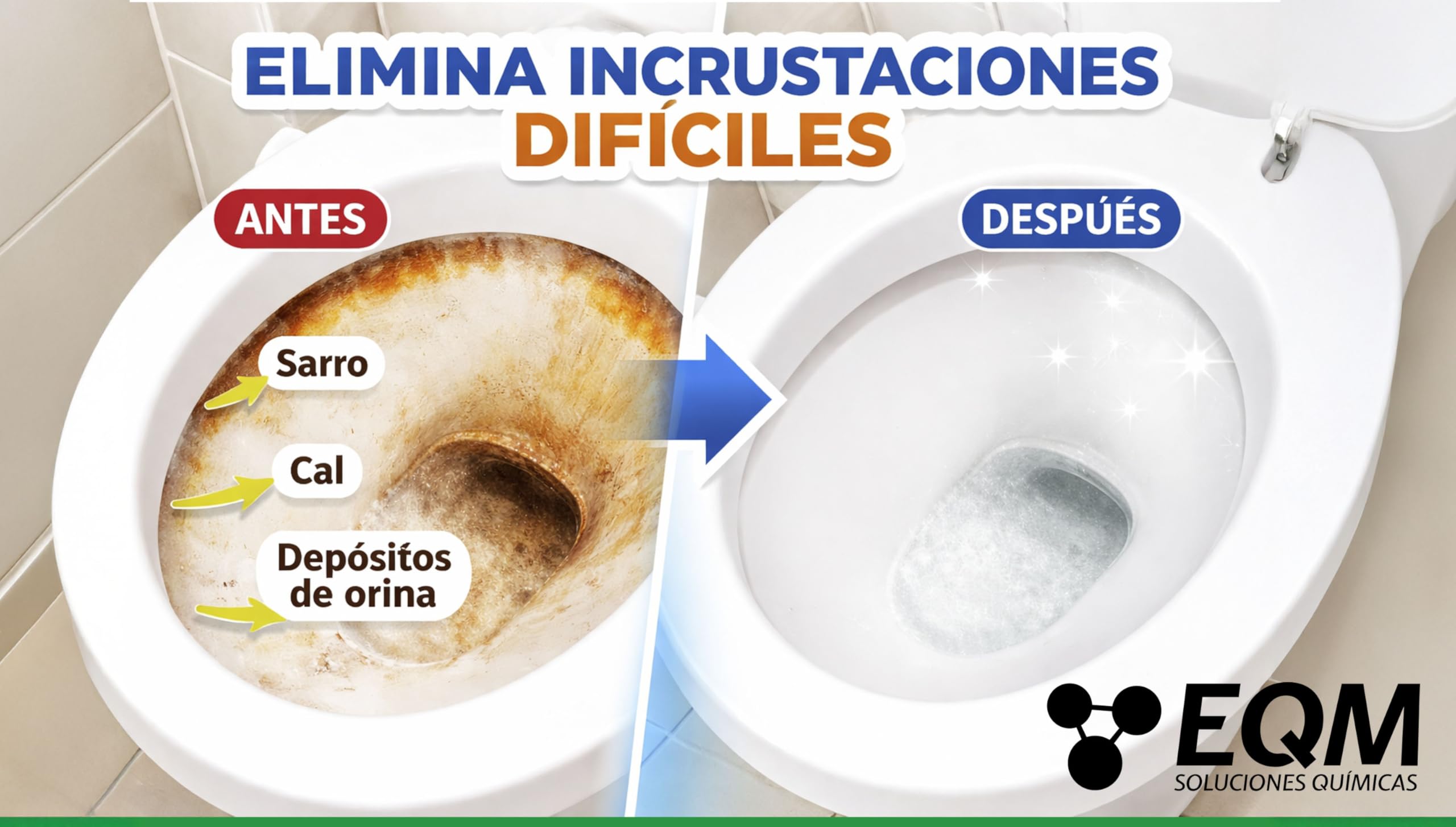 EQM Desincrustante Ácido para WC 1L - Limpia Sarro, Cal y Óxido - Eliminador Extra Fuerte de Incrustaciones - Sanitarios e Inodoros - Alta Potencia