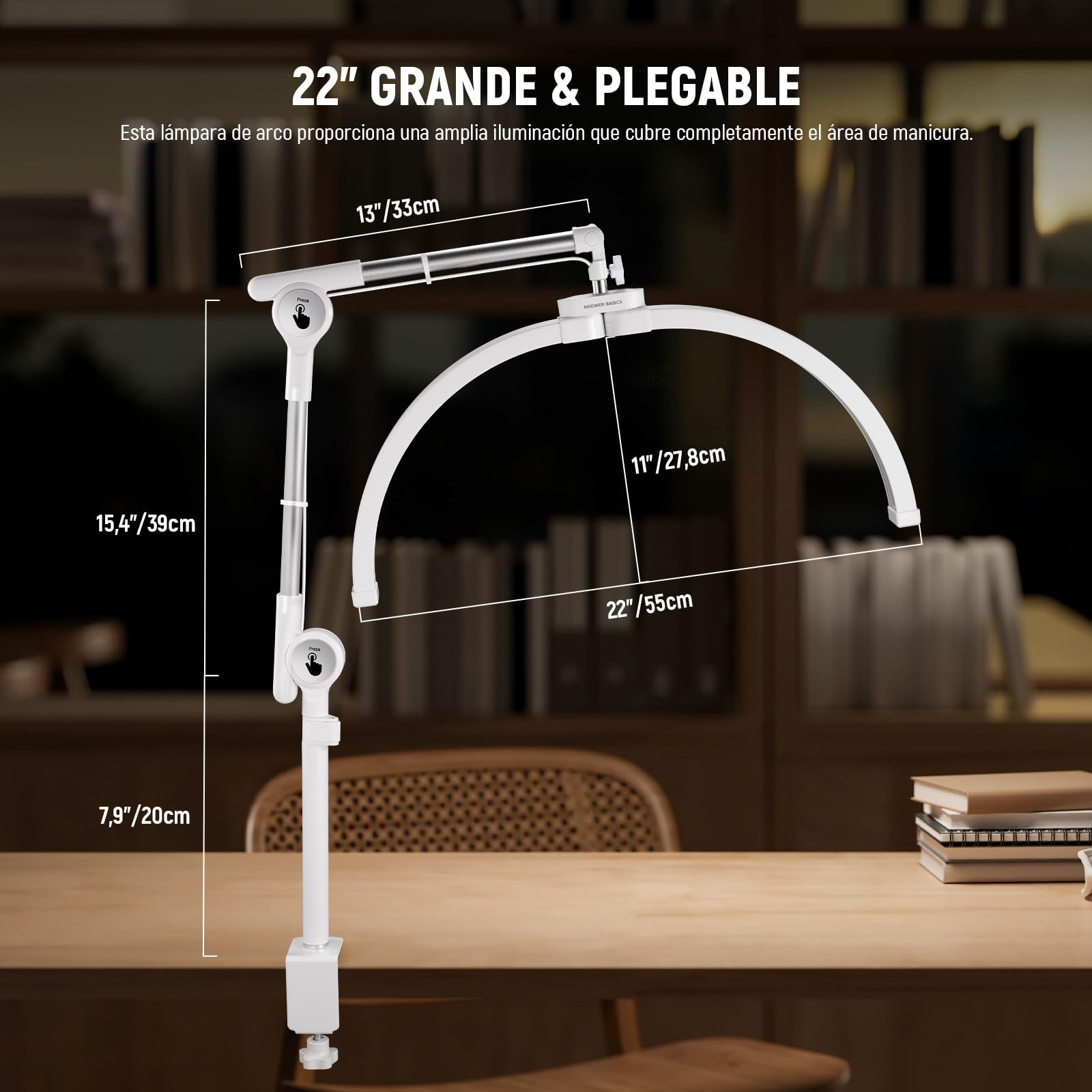 NEEWER BASICS 22" Half Moon Lash Light con Soporte Articulado Clamp Montaje Escritorio/Soporte Móvil, 32W Lámpara Arco LED Plegable para Manicura Maquillaje Belleza Tatuajes Grabación Video, HM03-D