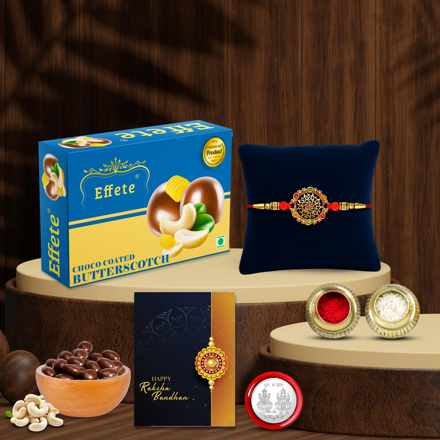 DeoDap Chocolate with Rakhi Set for Brother – Golden Color Round Shape Rakhi with Butter Scotch Choco Nuts (32 GM) – Silver Color Pooja Coin & Greeting Card, Traditional Raksha Bandhan Combo for Bhai-image-13