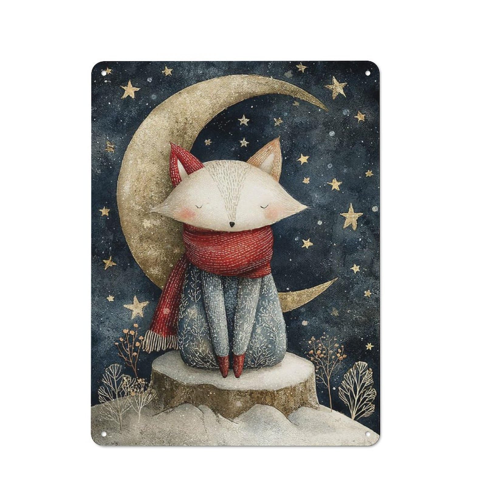 Junmoney Style-2 Fox On The Moon Watercolor Illustration Rustic Metal Plaque 40X30cm For Living Room Wall, Suited To Home Wall Decor Collectors