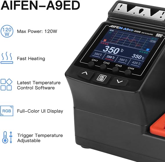 A9ED Soldering Station Full-Color Display Curve Mode Rapid Heating 212°F-842°F Solder Station Soldering Iron with C210 Handle and 3 Soldering Tips
