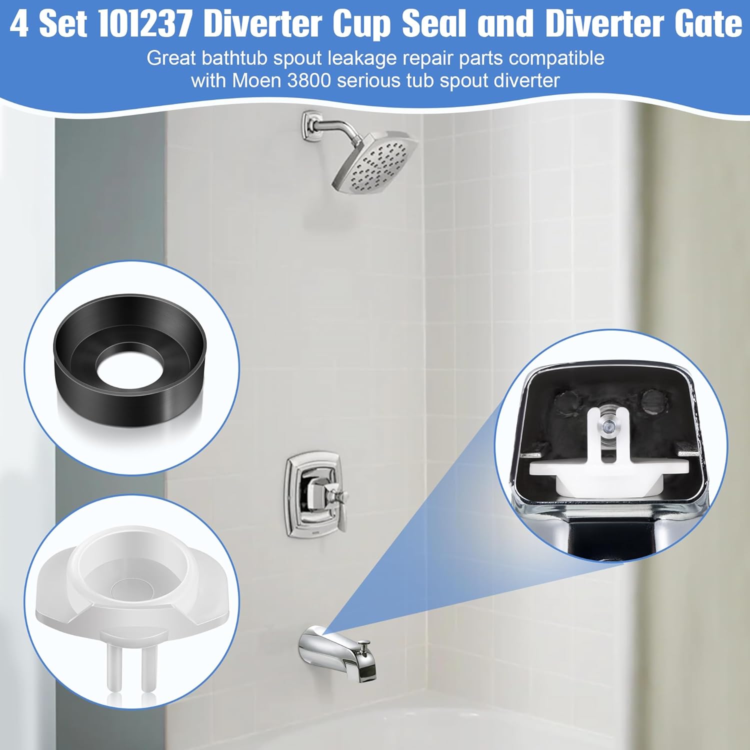Dreyoo 4 Pack 101237 Cup Seal & Diverter Gate Compatible with Moen 3800 Tub Spout, Tub Spout Replacement Parts for Shower Bathtub Faucet Diverter