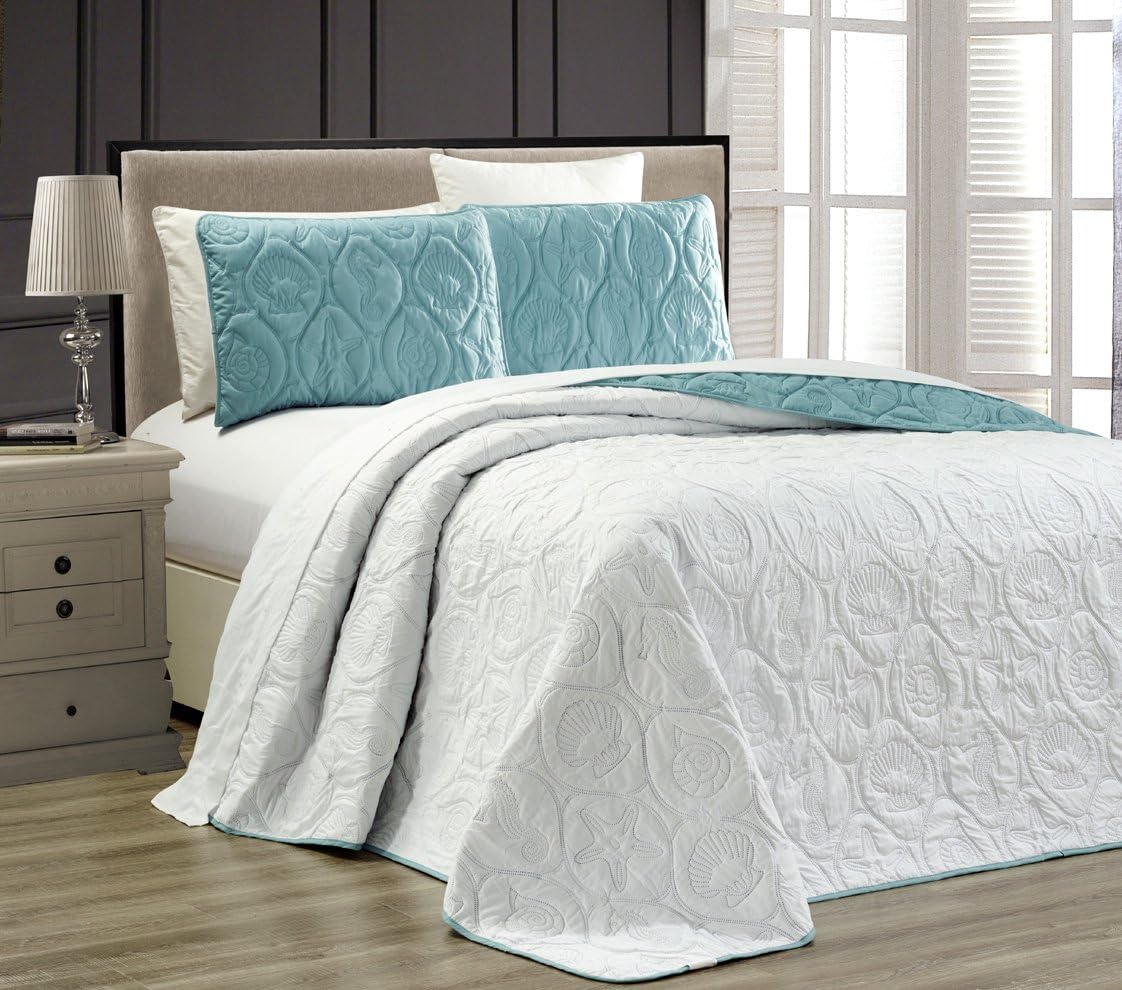 Grand Linen 3-Piece Tropical Coast Seashell Beach King Oversize Oversize Bedspread SPA Blue/White Reversible Coverlet Embossed Bed Cover Set. Sea Shells, Sea Horse, Starfish etc.