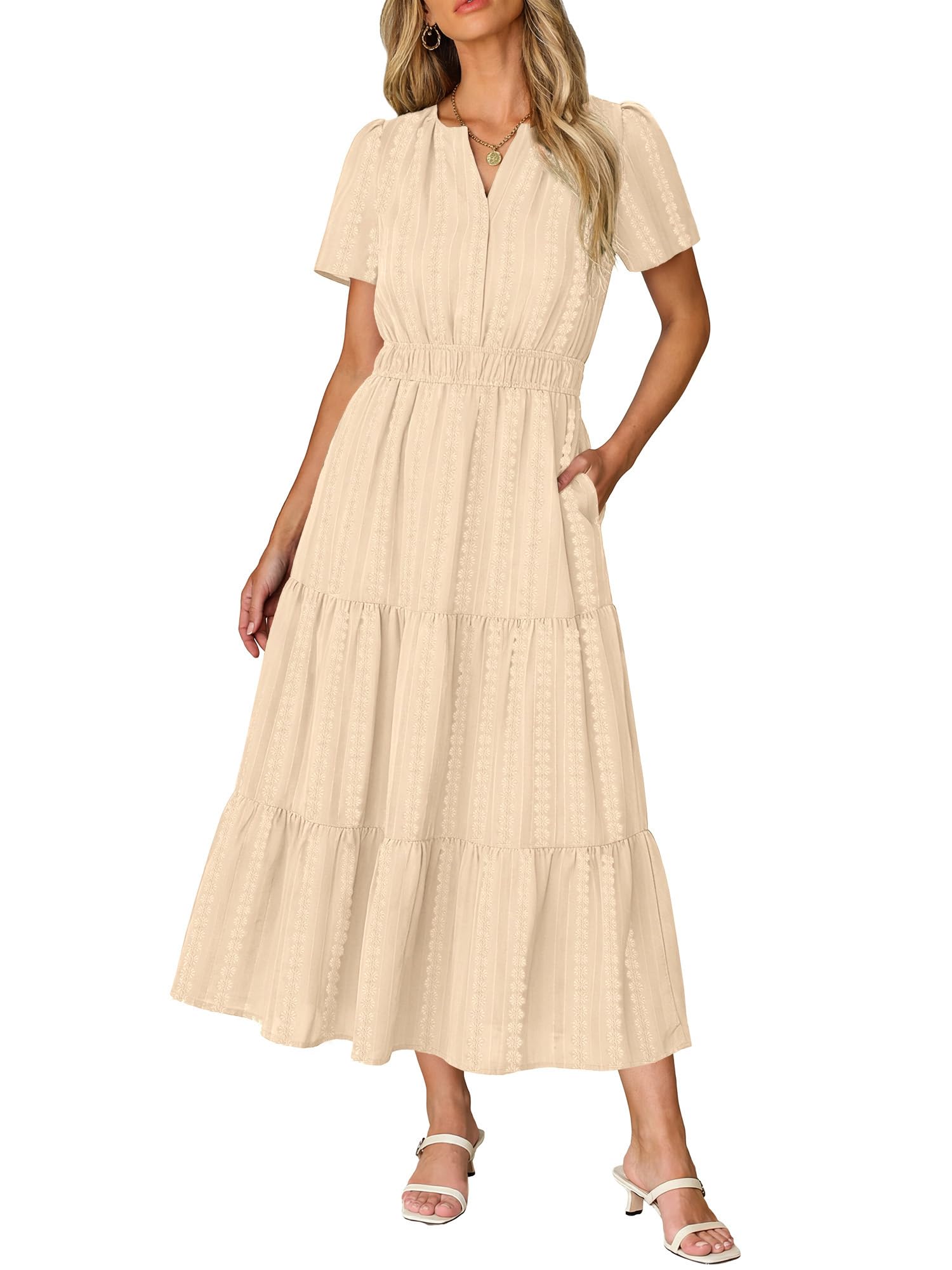 RUMIA Women Casual Midi Maxi Dresses Short Sleeve V Neck Elastic Waist Vacation Dress Pockets（S-2XL — view 15