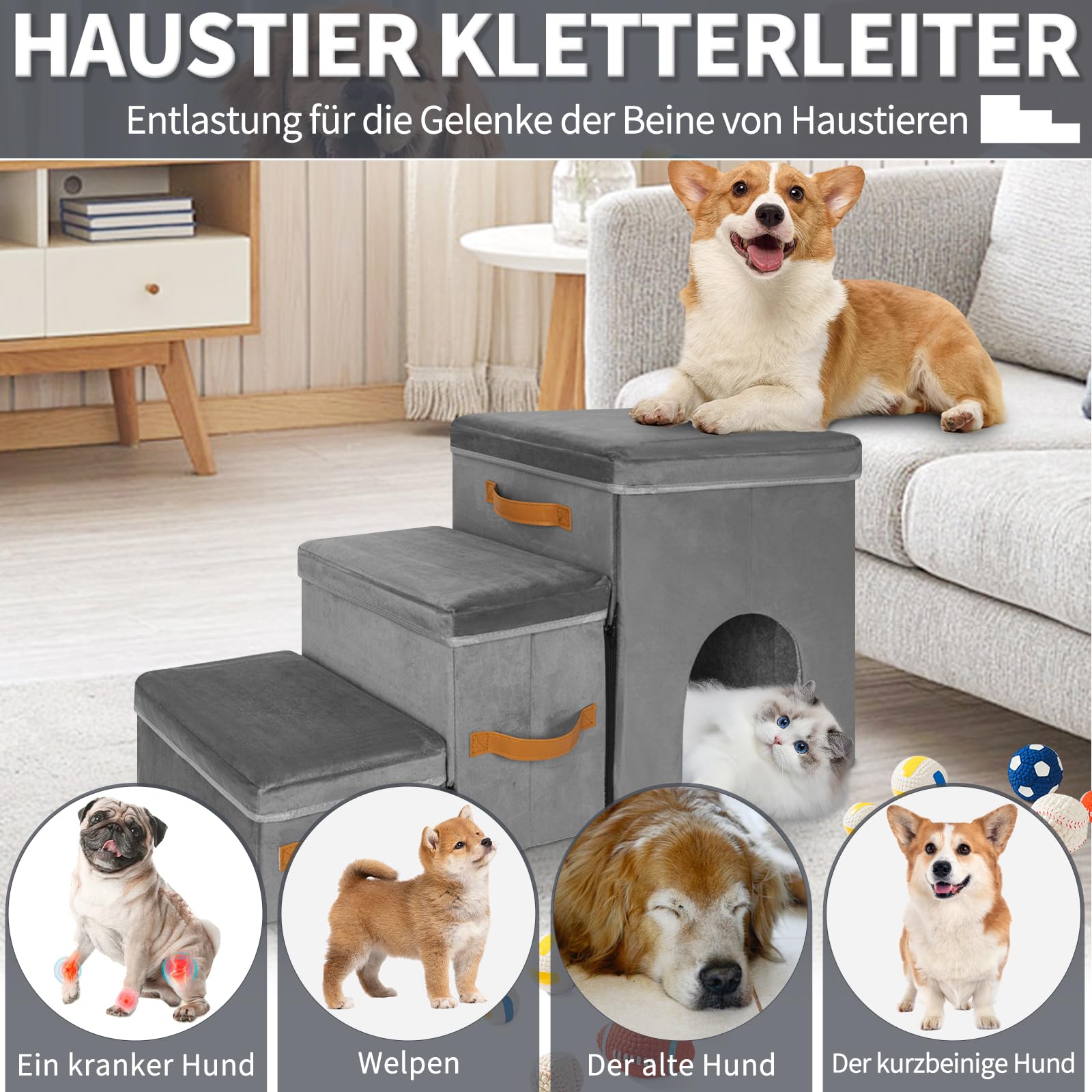 PawHut Huisdierentrap 2-in1 Hondenhelling Kattentrap Hondentrap Inklapbaar Dierentrap Hout~d06 082