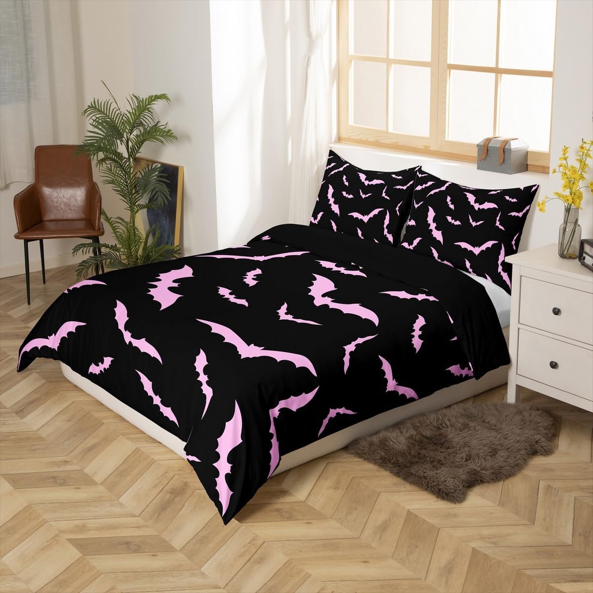 Erosebridal Halloween Bedding Set Queen Size for Kids Boys Youth Pink Bats Duvet Cover Happy Holiday Gothic Comforter Cover with 2 Pillow Cases Spooky Animal Quilt Cover