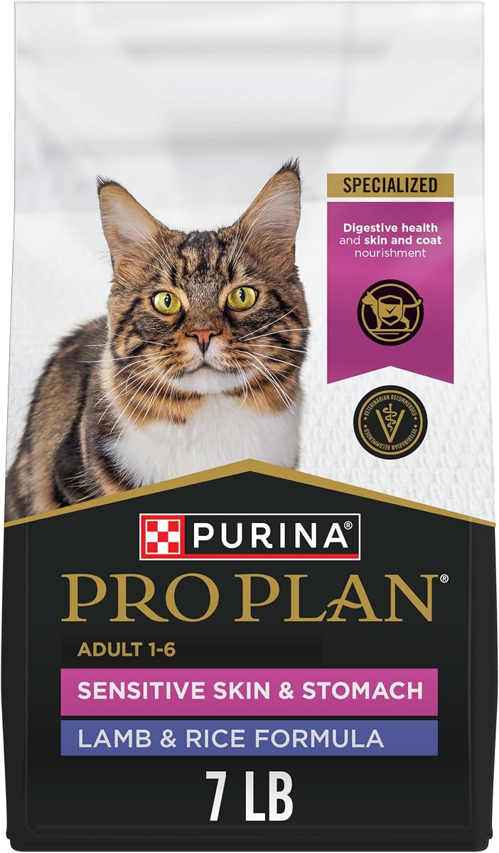 Purina Pro Plan Sensitive Skin & Stomach Dry Cat Food, Real Lamb, 7 lb Bag | Real Lamb & Rice Formula with probiotics, easily digestible with omega-6 fatty acids for a healthy skin and coat