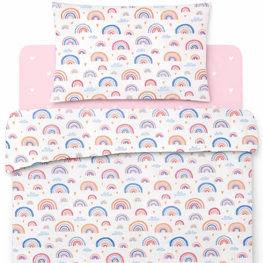 Sábana Bajera de 80 x 160 cm + Funda Nórdica de 120 x 170 cm + Funda de Almohada Infantil de 40 x 60 cm. Cama 80x160. (Arcoíris, Cama 80x160 cm - Juego de 3)