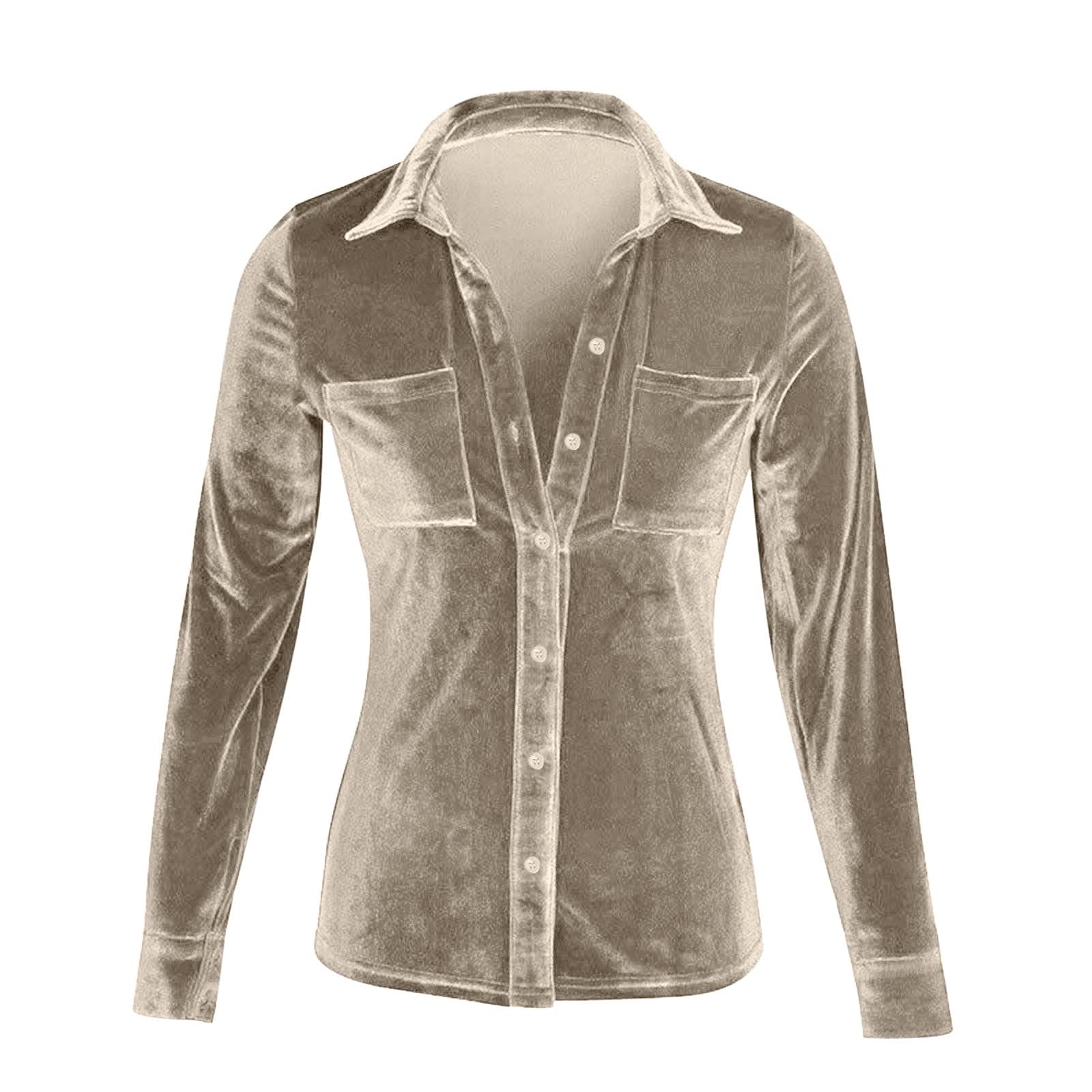 Tee Shirt Sport Femme Velvet Bouton À Manches Longues Poche Solide Haut Décontracté Chaud Chemise Douce Chemisier De Noel Hauts Pull 2 en 1 sans Manche Lot Womens Christmas Shirts Blouse