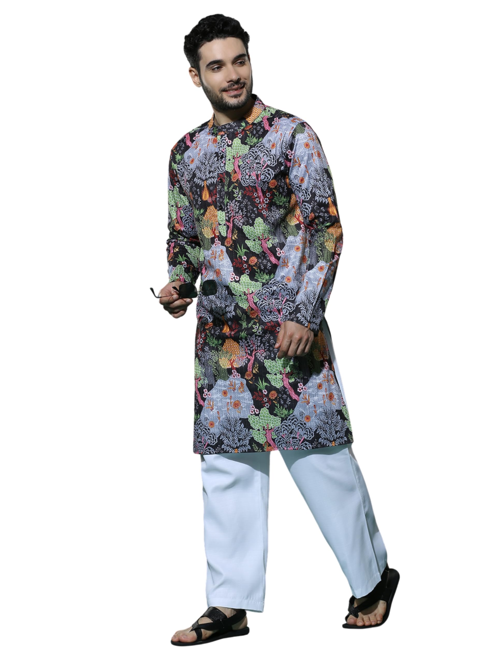 Greciilooks Men's Cotton Solid Regular Fit Kurta Set (Gl-M154&Mp105_Charcoal_L)
