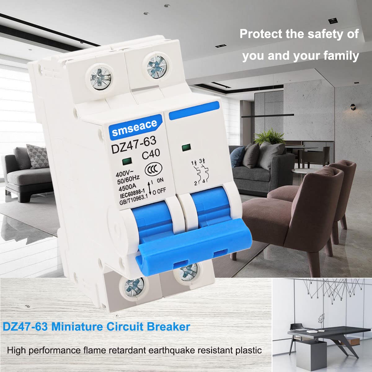 smseace Miniature Circuit Breaker Low Voltage AC 63A 400V 2 Poles DIN Rail Installation DZ47-63 C63: Tools & Home Improvement