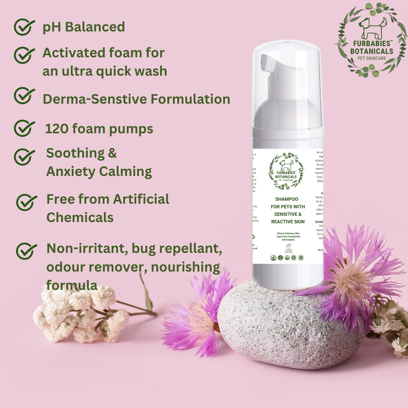 FURBABIES SENSITIVE SKIN PREMIUM 2 in 1 Short Hair Dog & Cat Shampoo for Itchy Skin, Active Advanced Formula Foam - Image 2