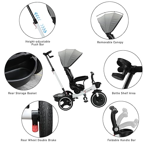 Miniatura 6 de Triciclo de bebé, cochecito de dirección de bicicleta de empuje 6 en 1, bicicleta de aprendizaje para niños pequeñosbarandilla desmontable, toldo