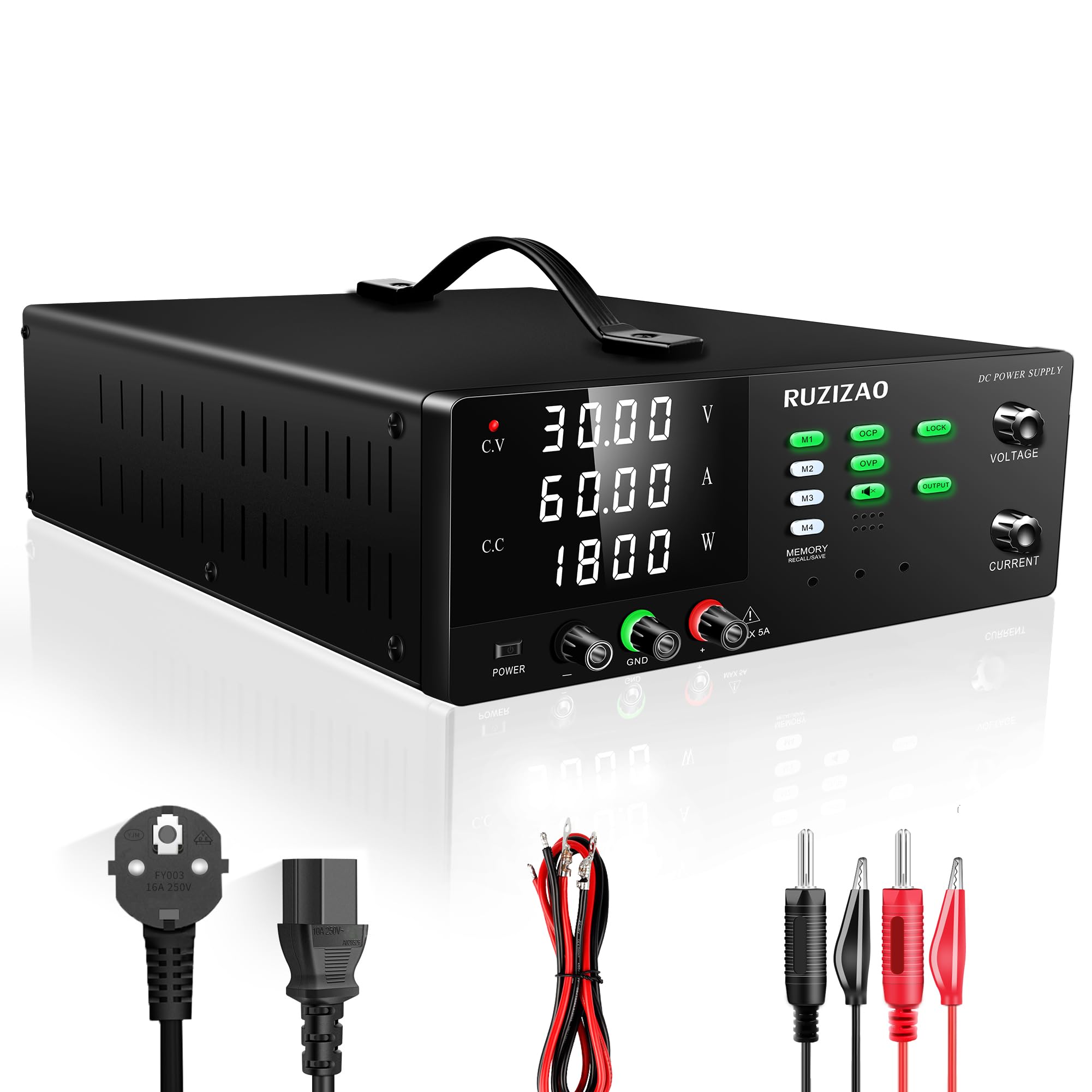 Labornetzteil, 0-30V 0-60A 1800W Hochleistungs-Labornetzgerät, DC Regelbar Netzgerät mit Ausgangsschalter, OCP und OVP, Memory-Funktion, Encoderregelung, 4-stellige LED-Anzeige, Lockout-Taste