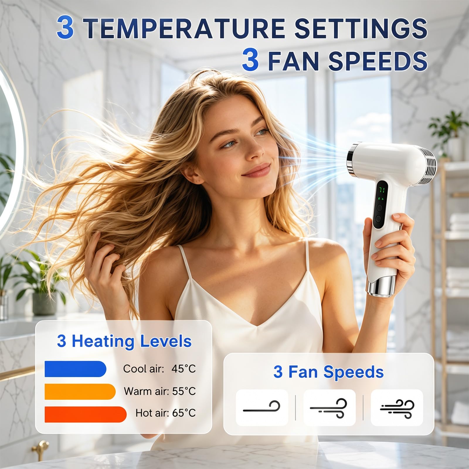 Pro Akku Reisefön 15600mAh - Kabelloser Haartrockner mit 3 Temperaturen & 3 Geschwindigkeiten - Tragbarer Fön mit Digitaldisplay für Camping, Reisen, Hotel, Weiß + Silber