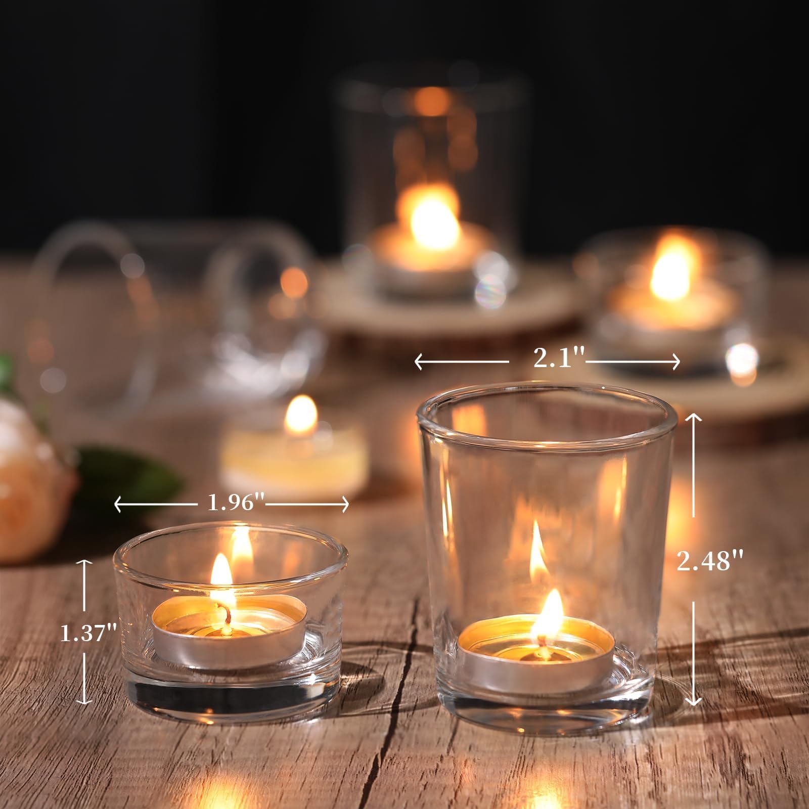 LETINE 24 Stück Teelichtgläser Set, Klar Teelichthalter, 2 Stile Glas Kerzengläser(Ø5,3cm*6,3cm | Ø4,8cm*3,5cm), Teelichthalter Glas für Weihnachten, Festivals, Hochzeiten, Heimdekoration
