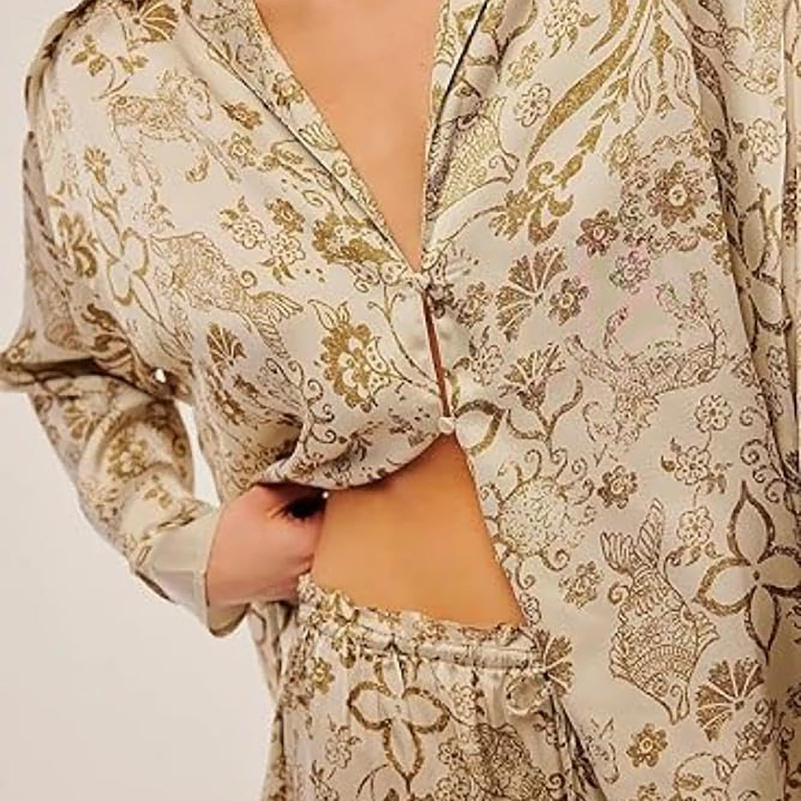 Générique Pantaloni Pigiama Stampati Donna Raso Pigiama Donna Seta Manica Lunga 2026 Nuovo Set con Motivo Loungewear Casual Ampia Biancheria Da Notte Sottile Leggero Pantaloni Fluidi T-shirt