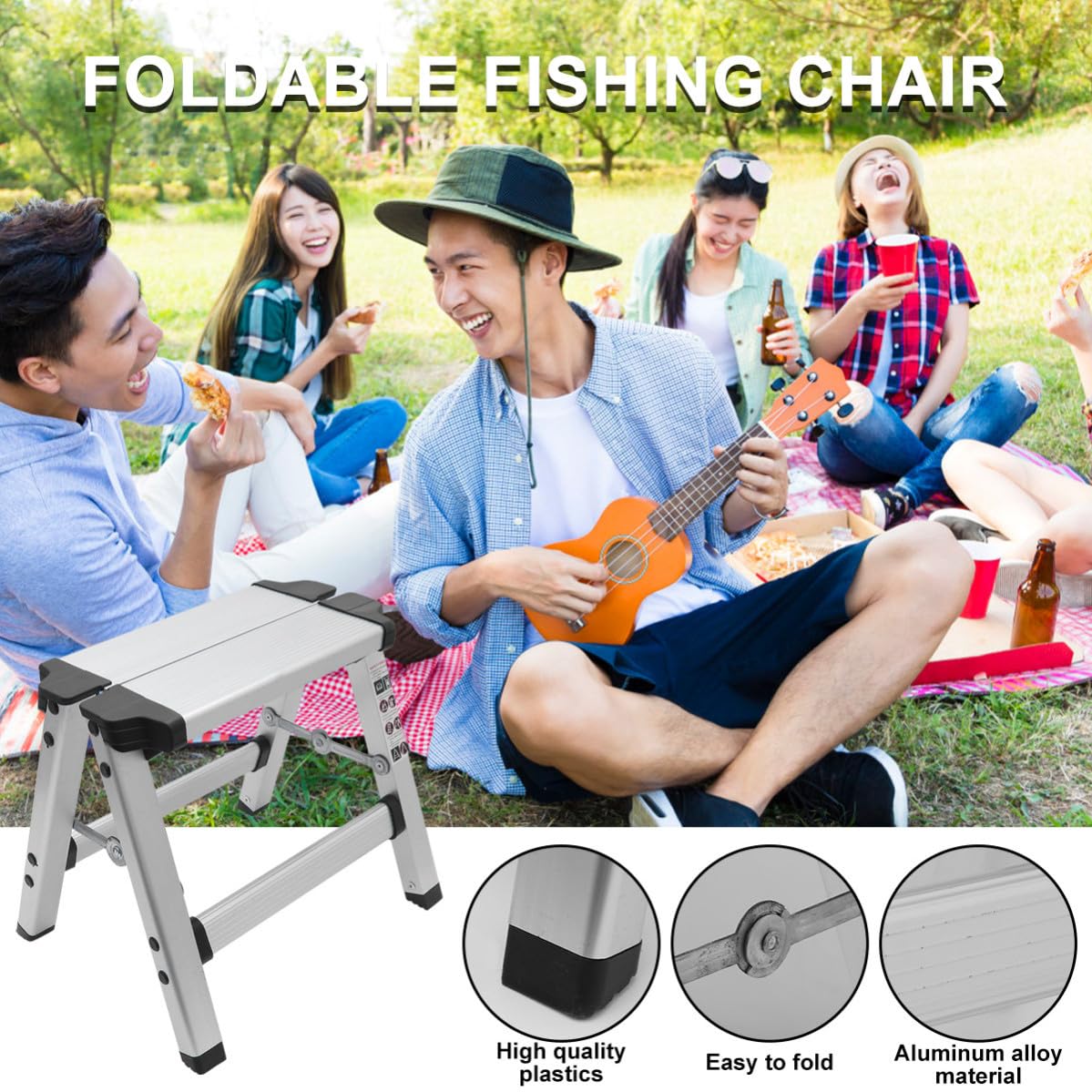 Sgabello di Pieghevole e Lega Fotografia Alluminio per Pesca | Argento, Leggero e Multifunzione, per Soggiorno e Outdoor, Struttura Sicura