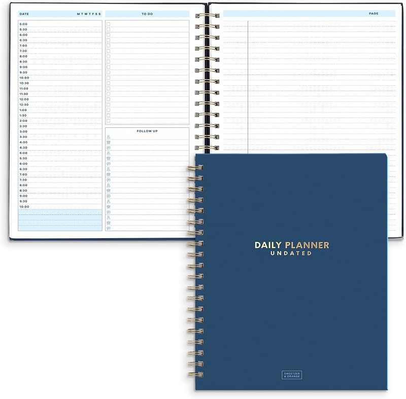 S&O Planificador diario sin fecha para organización, cuaderno de registro en espiral con horario horario, cuaderno de trabajo diario sin fecha, diario de lista de tareas pendientes, cuaderno organizador de calendario de trabajo, 200 páginas, 9" x 10,75"