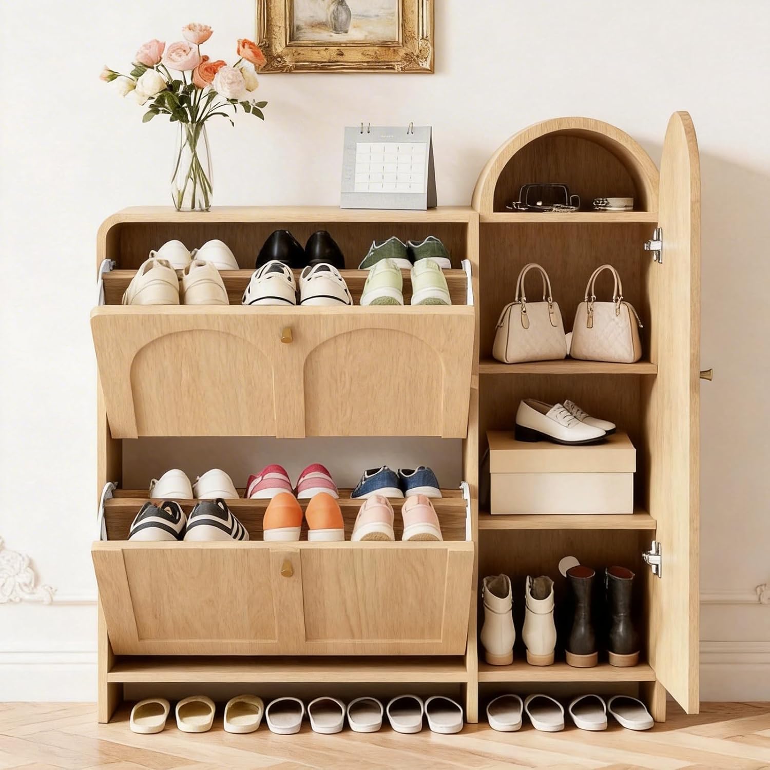 Arched Cabinet with Doors-Shoe Cabinet,Hidden Shoe Rack,Shoe Stand for Entryway Compact Shoe Storage in Oak Finishes,Mid-Century Style for Entryway