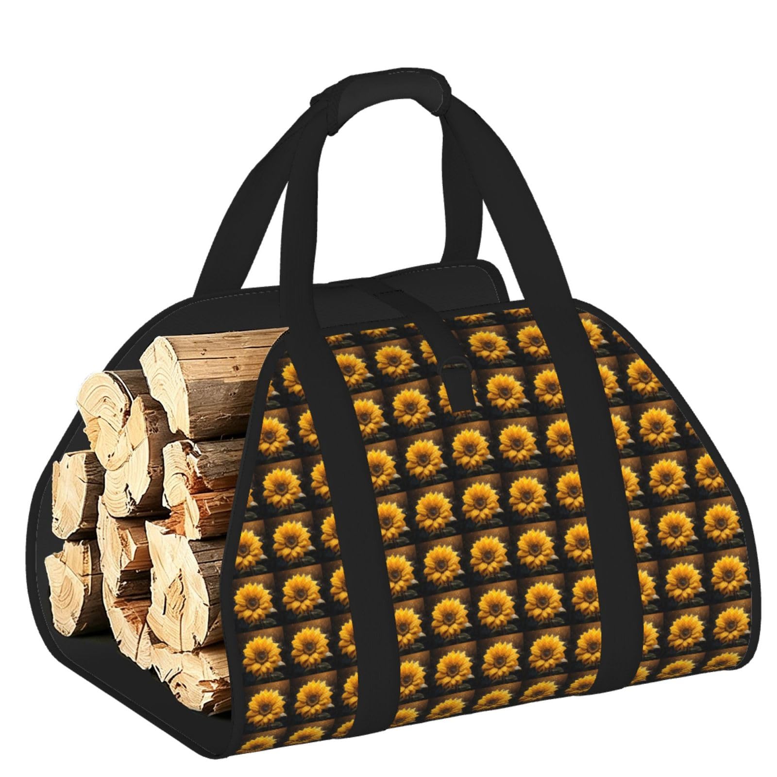 Ayyqwe Black Beautiful Sunflower 4 Print Firewood Bag Wood Waterproof Versatile Camping Picnic Storage Daily Home