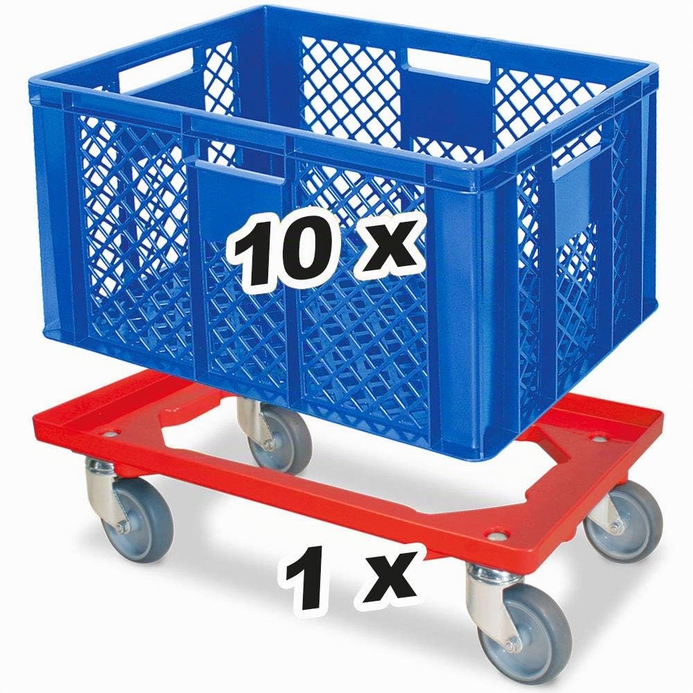 BRB Lot économique de 10 bacs empilables et roulettes de transport, 600 x 400 x 320 mm, qualité industrielle, convient à un usage alimentaire, bleu