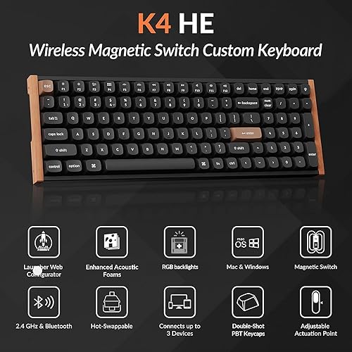 Miniatura 2 de Keychron K4 HE - Teclado mecánico inalámbrico 96% compacto efecto Hall con teclado numérico, interruptor magnético, disparador rápido, RGB