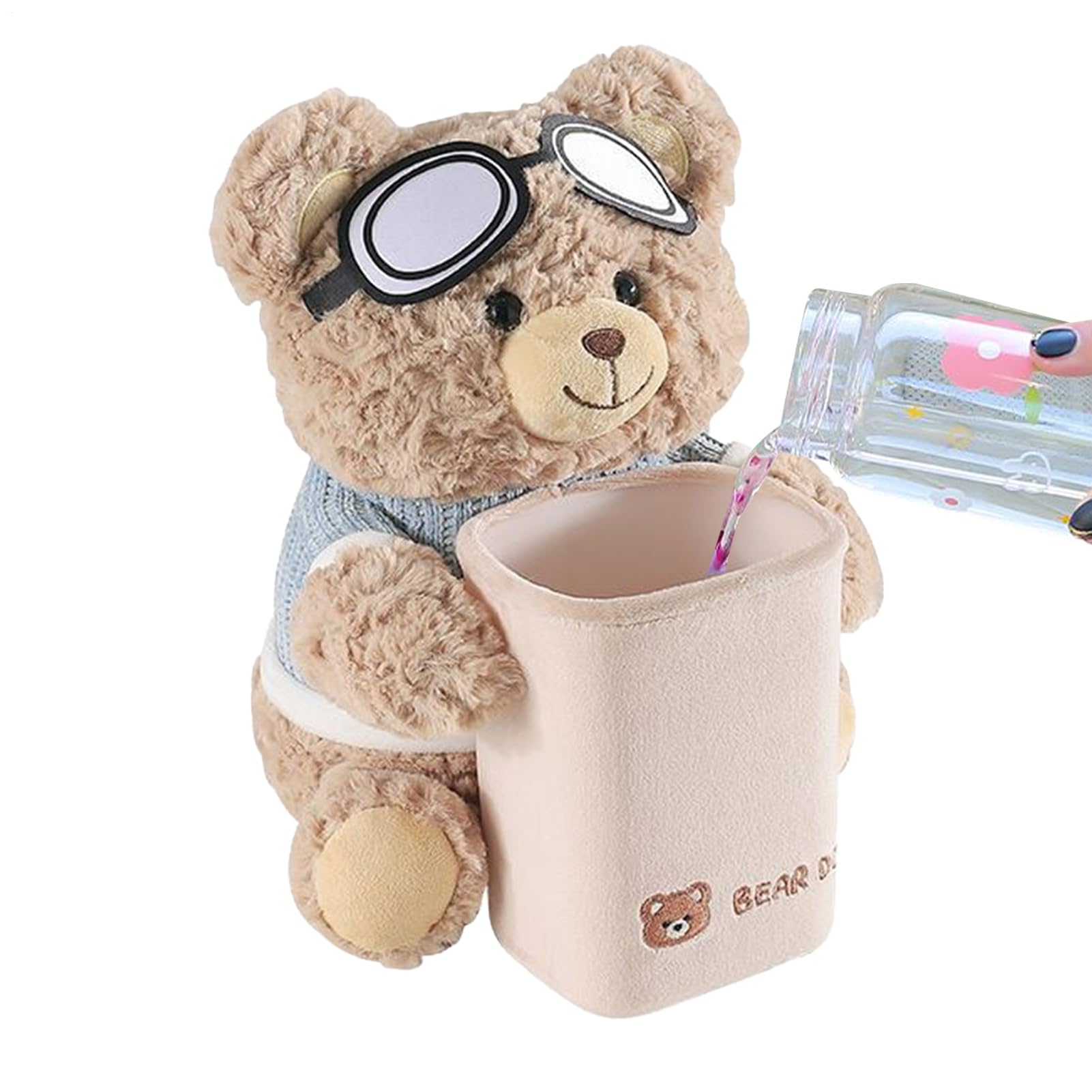 Car Tissue Box Holder, Plush Animal Trash Bin, 2-in-1 Cartoon Bear Organizer 25x22x28cm, Soft Vehicle Armrest Storage, Cute -Use Auto Accessory for Tissues and Waste