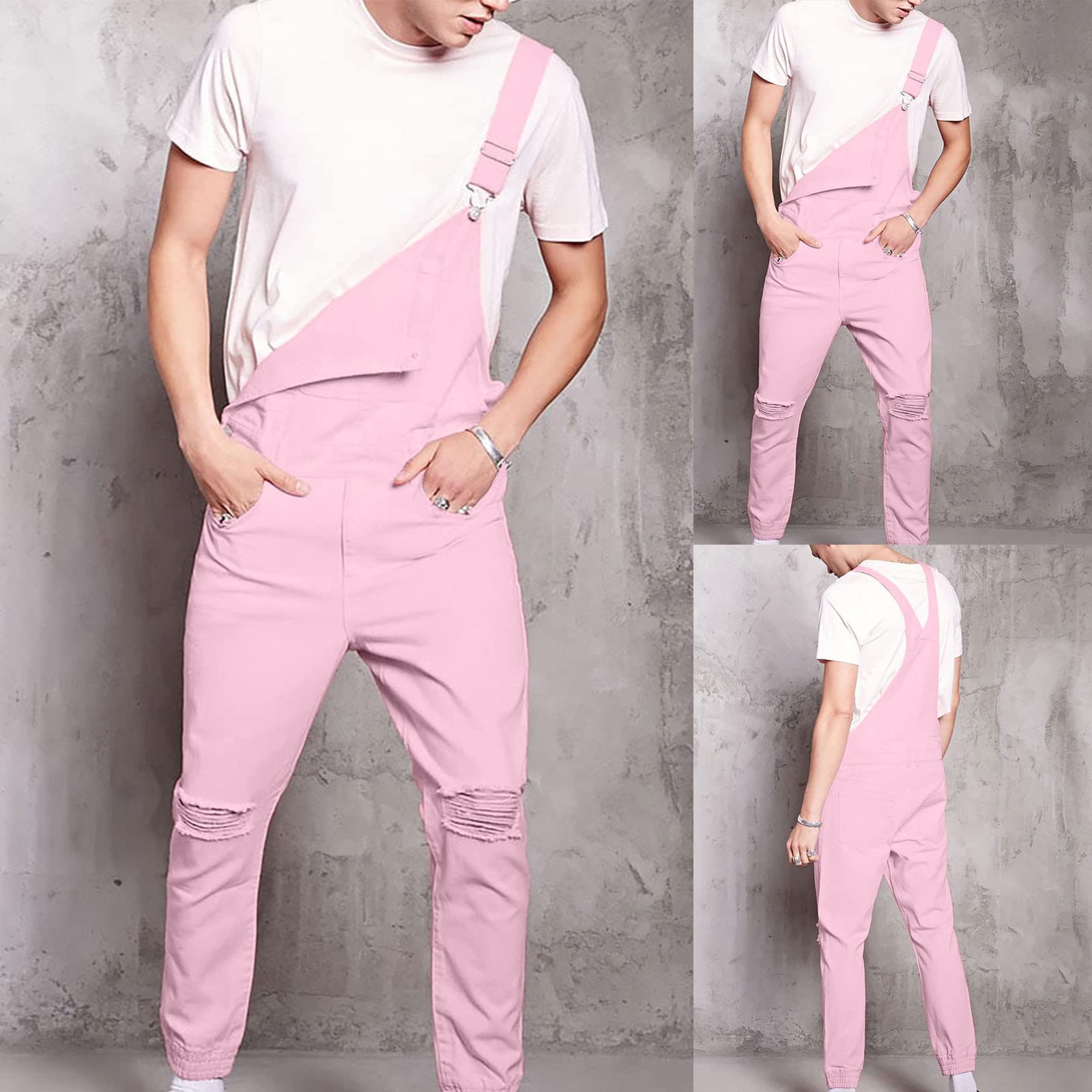 2023 Salopette da Uomo in Denim Jeans Pantaloni Salopette da Lavoro Moda Jeans Strappati rosa Pagliaccetti Tute Larghi da Lavoro Cargo Pagliaccetti con tasche Casual Salopette Jumpsuit